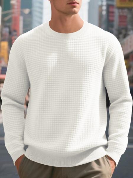 Men's White Waffle Knit Sweater, Crew Neck & Long Sleeve Design, Soft Breathable Cotton Blend for Spring Fall Casual, Office & Daily Wear – Slim Fit, Ribbed Cuffs/Hem, Thermal Texture, Classic, Crewneck