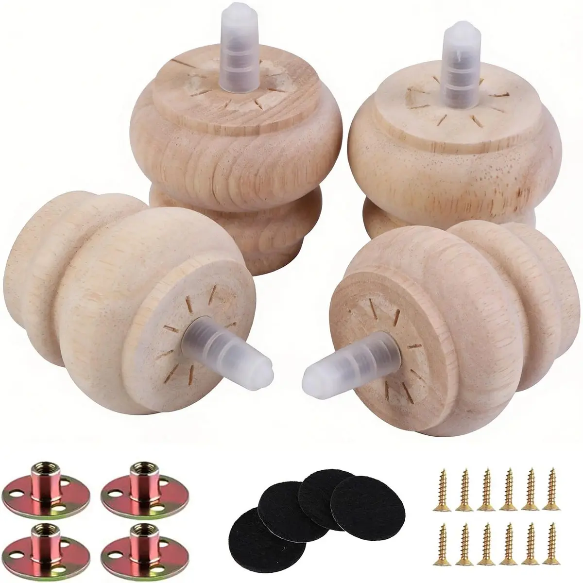 Wooden Bun Feet Set of 4, 2 Inch Unfinished Furniture Legs, M8 Bolt Screw In, Dresser Couch Sofa Cabinet Ottoman DIY Replacement, Home Repair, for Installation and Repair Projects