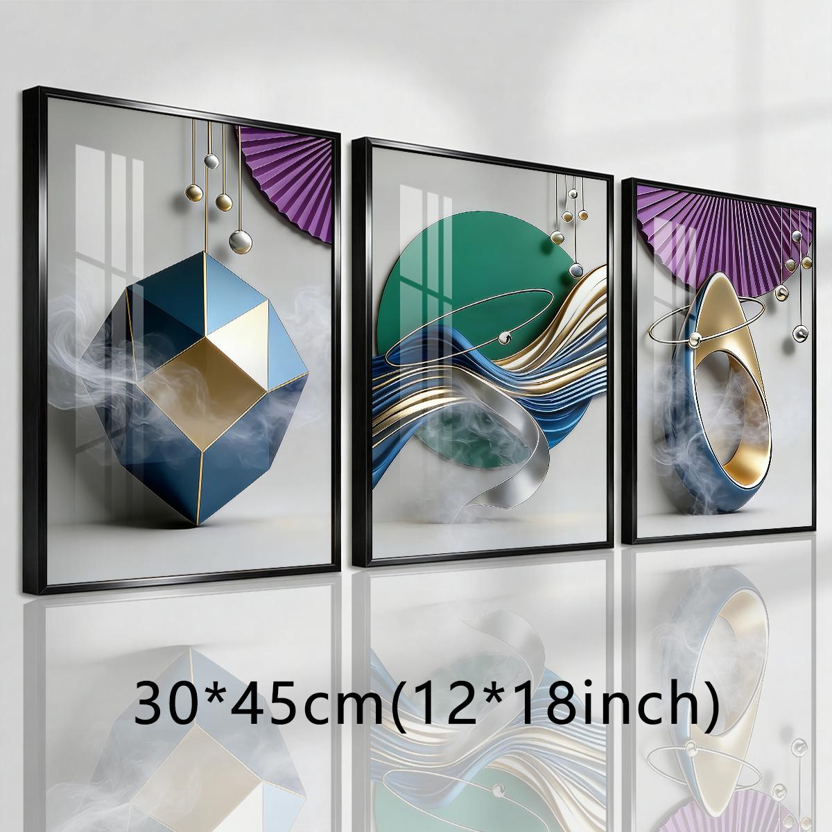 3 Counts Aluminum Alloy Framed Painting, Geometric Abstract Metallic Shapes And Smoke Art Pictures, Home Decoration For Living Room, Bedroom, Office, Restaurant, Hallway Wall Decor, Odorless Print Artwork, Luxury Perfect Gift For Friends And Family