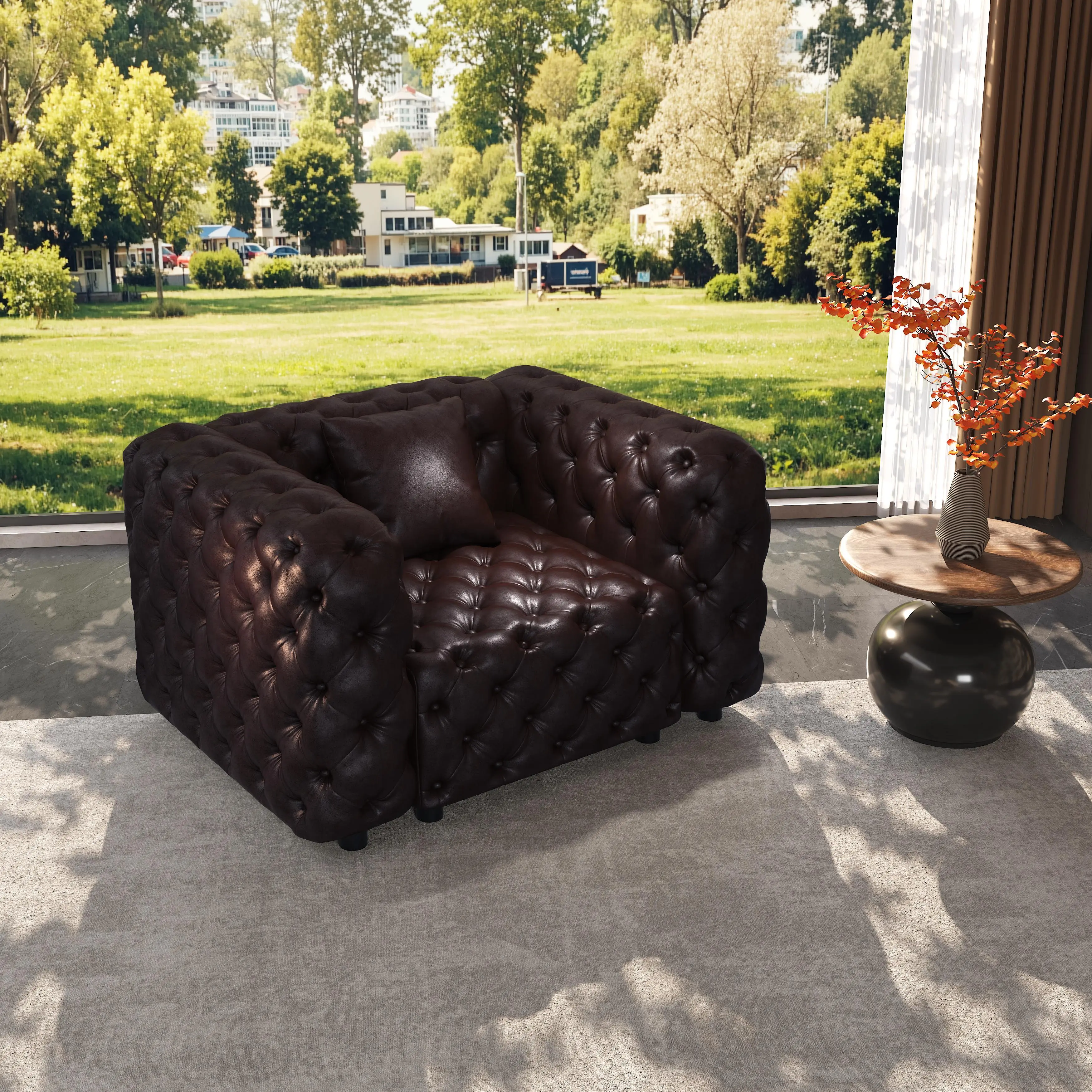 Modern 1-Seater Modular Sofa Set with Faux Leather Upholstery, Handmade Button Tufting, and 1 Pillow, Dark Brown, 48.4 Inch