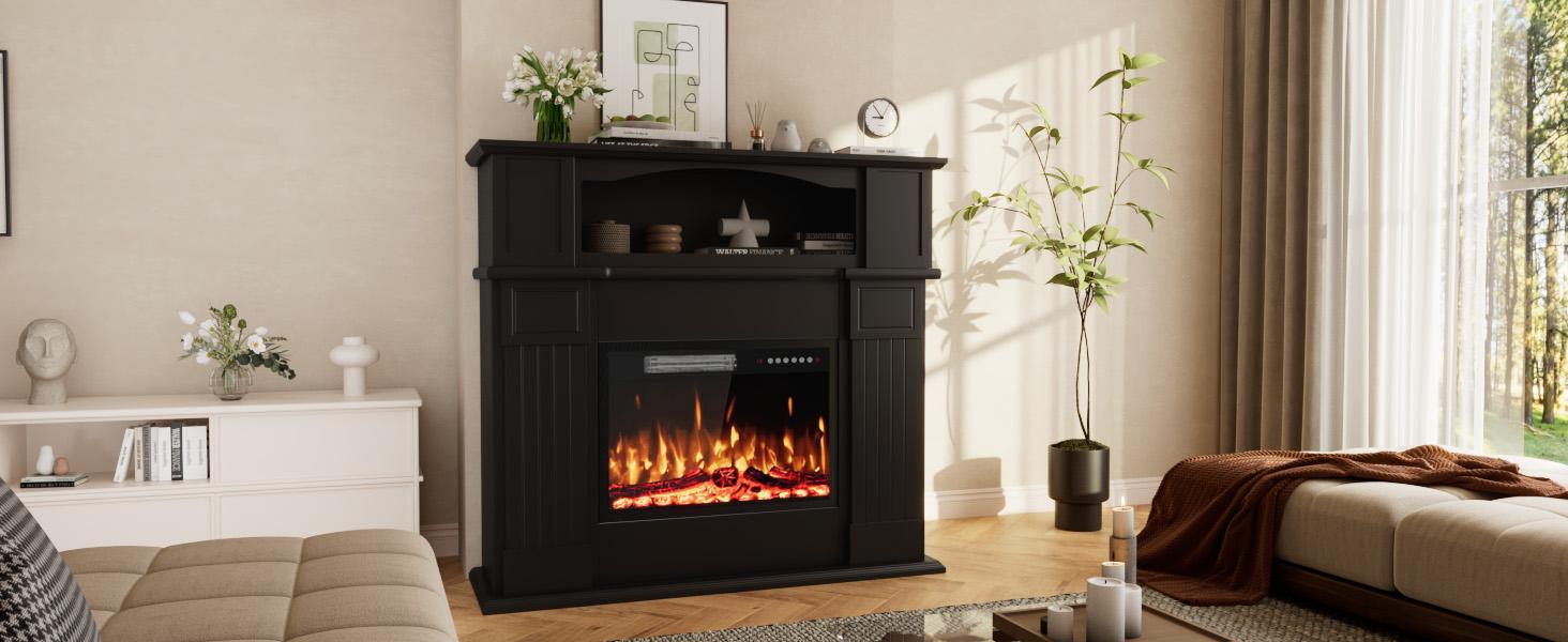 PUKAMI 43" Electric Fireplace with Mantel, Wooden Black Electric Fireplace Surround with Mantel, Freestanding Faux 23" Fireplace Insert for Living Room with Remote Control, Adjustment 3D Led Flame