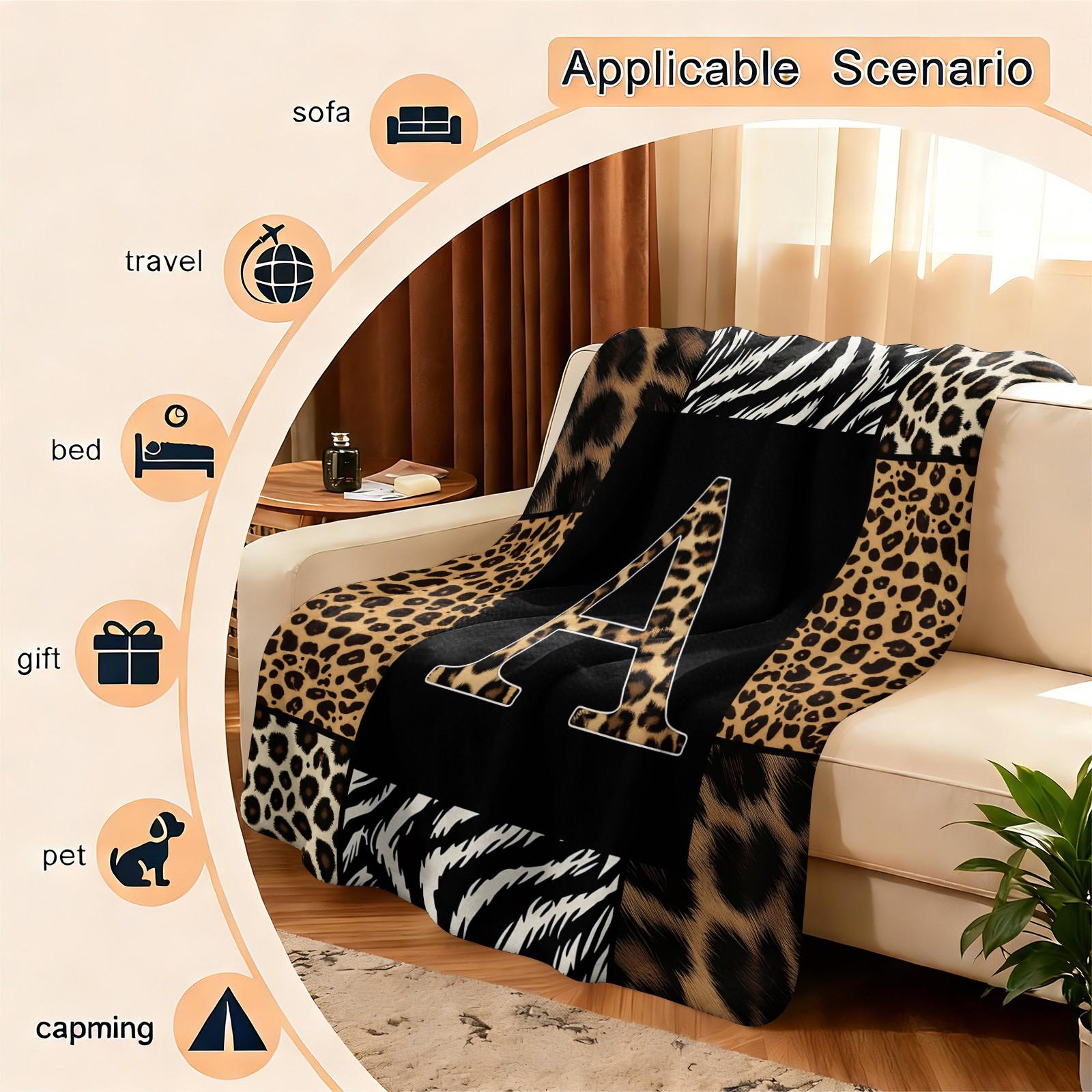 26 Letters Leopard Print Flannel Blanket, Soft & Comfortable, Warm & Breathable, Perfect for Couch Bed Recliner, Stylish Alphabet Printed Flannel Throw, Suitable for Bedroom Living Room Dorm, All-Season Cozy Gift Blanket