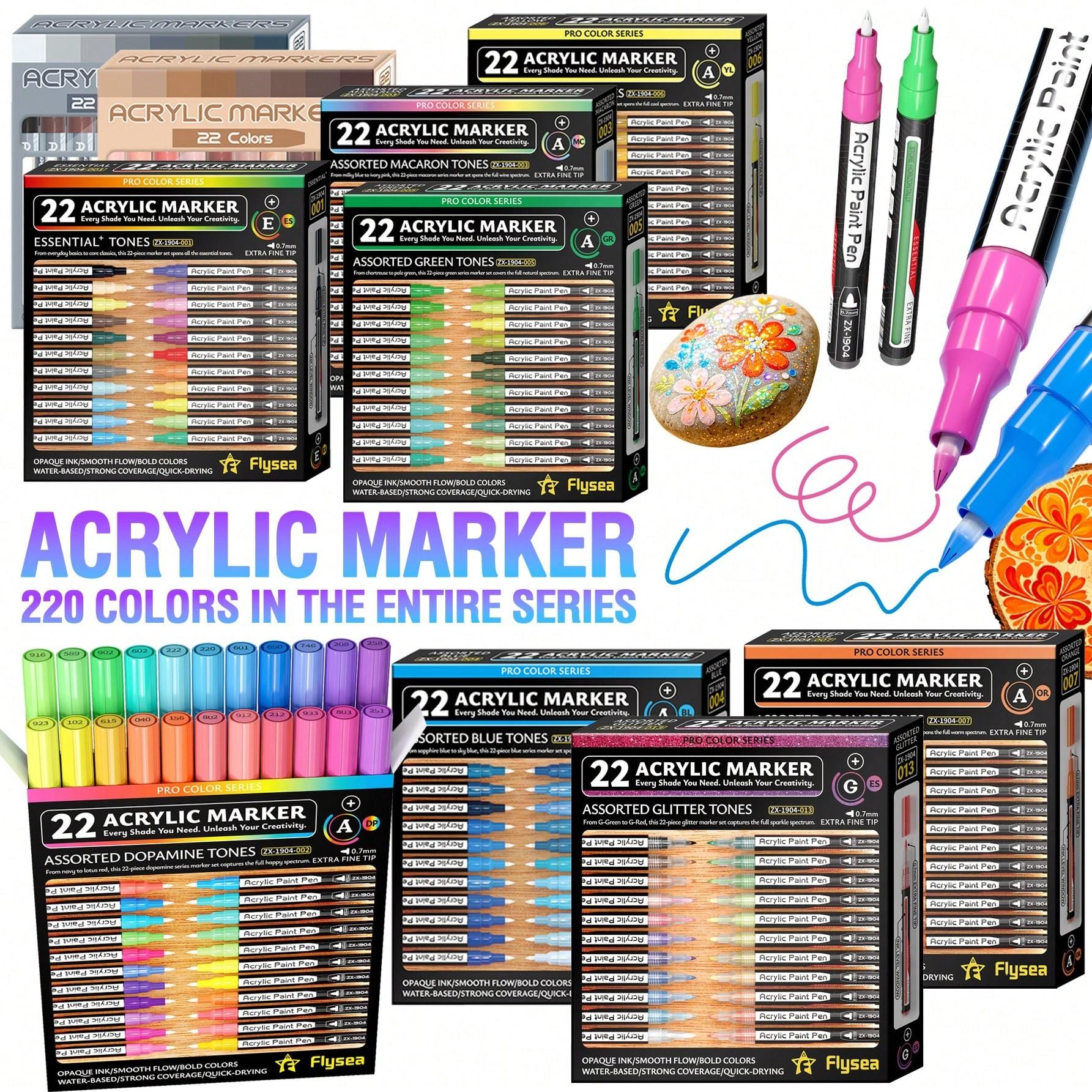 Flysea Acrylic Paint Markers, Multipurpose Marker Pen, 22-Piece Set, Fine Tip 0.7mm, Quick-Drying, Non-Blotchy, Ideal for Stone, Wood, Metal, Glass, Canvas, DIY Crafts