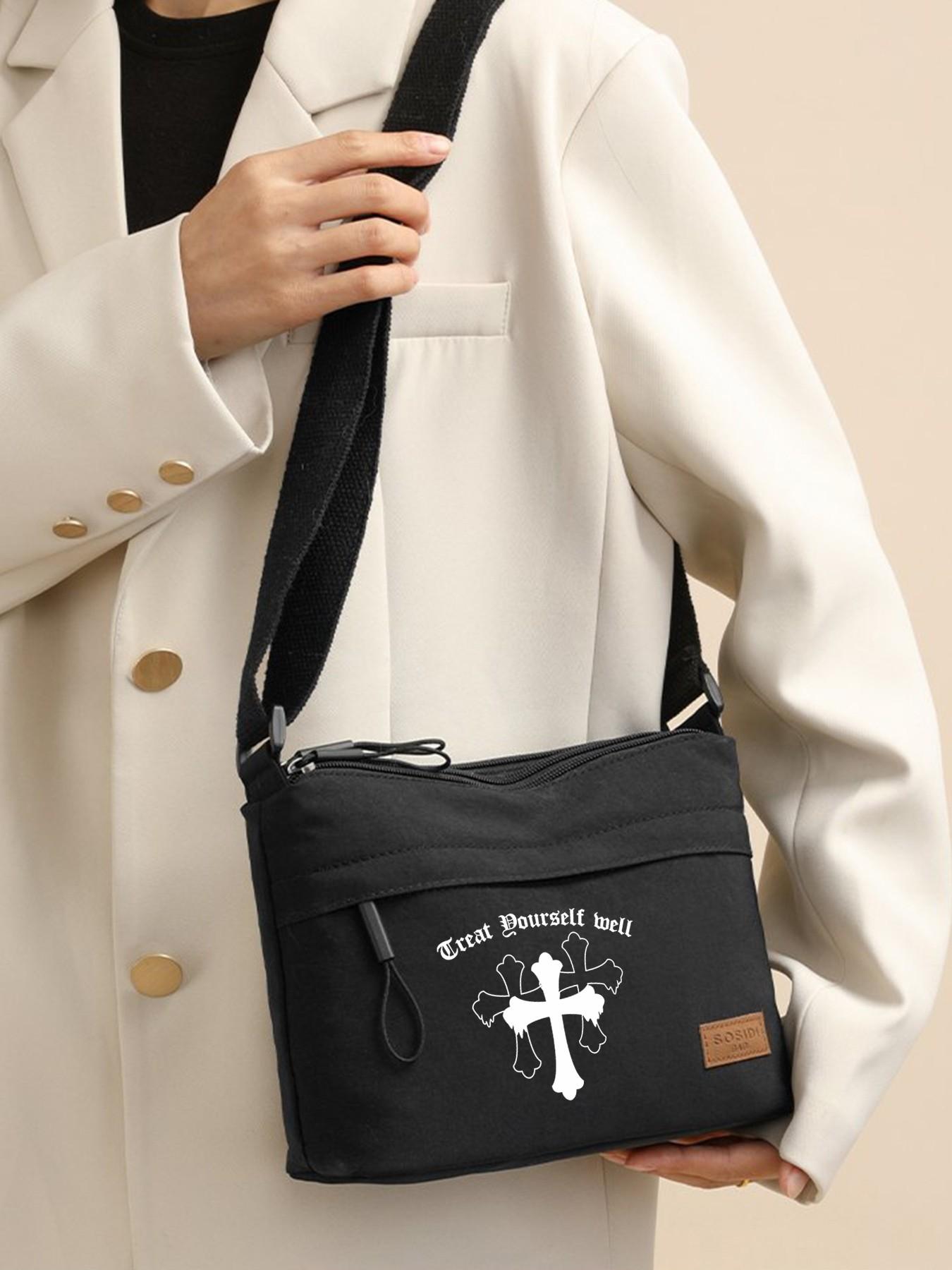 Crossbody Bag with Cross Print, Adjustable Strap Shoulder Bag, Unisex Casual Style, Ideal for Outdoor Leisure or Daily Commute