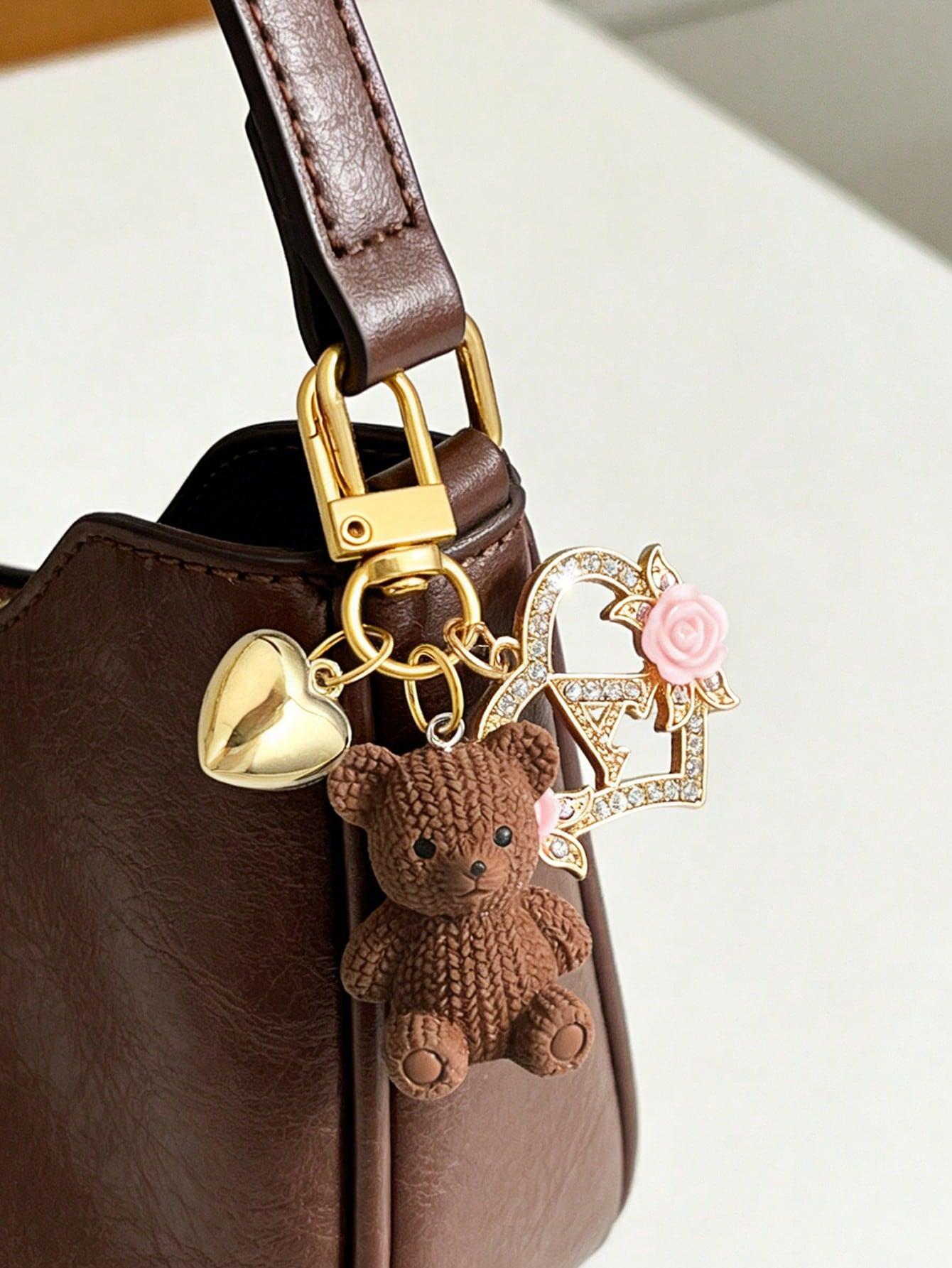 1 letter teddy bear keychain, hollow heart-shaped flower letter design, cute bear pendant charm suitable for handbags, wallets, backpacks, travel bags, Bag Charms, decorative keychain suitable for gym, classroom, games, Keychain Accessory