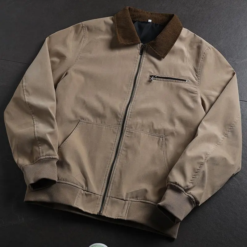 Men Vintage Corduroy Collar Bomber Jacket, Khaki Full Zip Casual Workwear Coat with Zipper Chest Pocket & Side Patch Pockets, Elastic Cuffs Hem Lightweight Wind Resistant Daily Street Outerwear