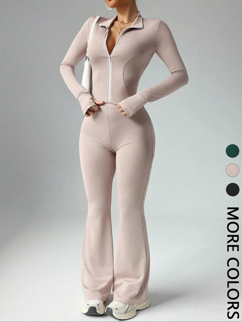 Women's Solid Color Long Sleeve Zipper Jacket & Flare Pants Set, Casual for Daily Wear, Ladies Fashion Clothing Combo