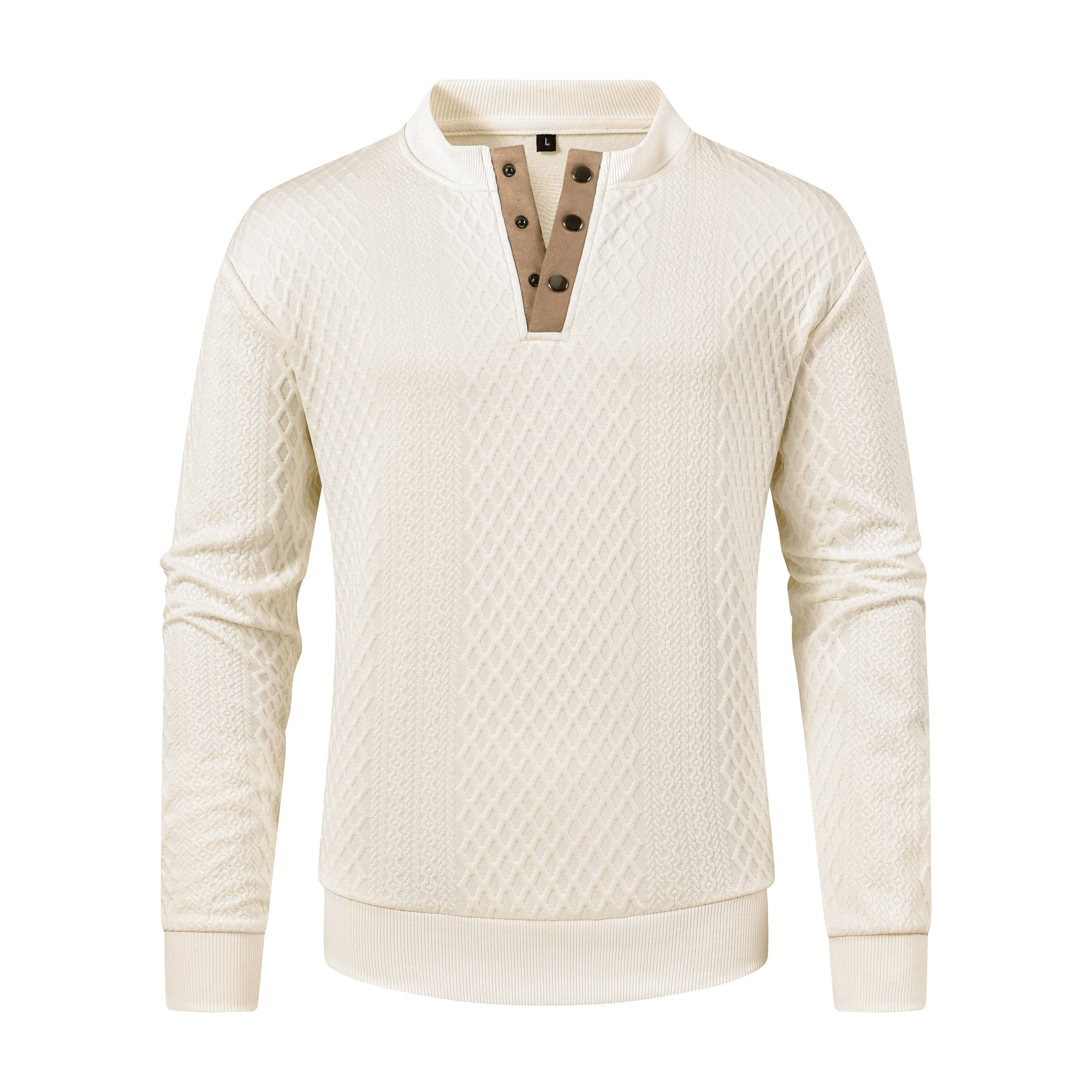 Men Diamond Jacquard Stand Collar Sweatshirt Three Dimensional Rhombus Textured Soft Skin Friendly Fabric Suede Spliced Button Half Placket Ribbed Cuff Loose Long Sleeve Pullover Sweatshirt For Spring Autumn Daily Casual Street Outfits Multiple Color Opti