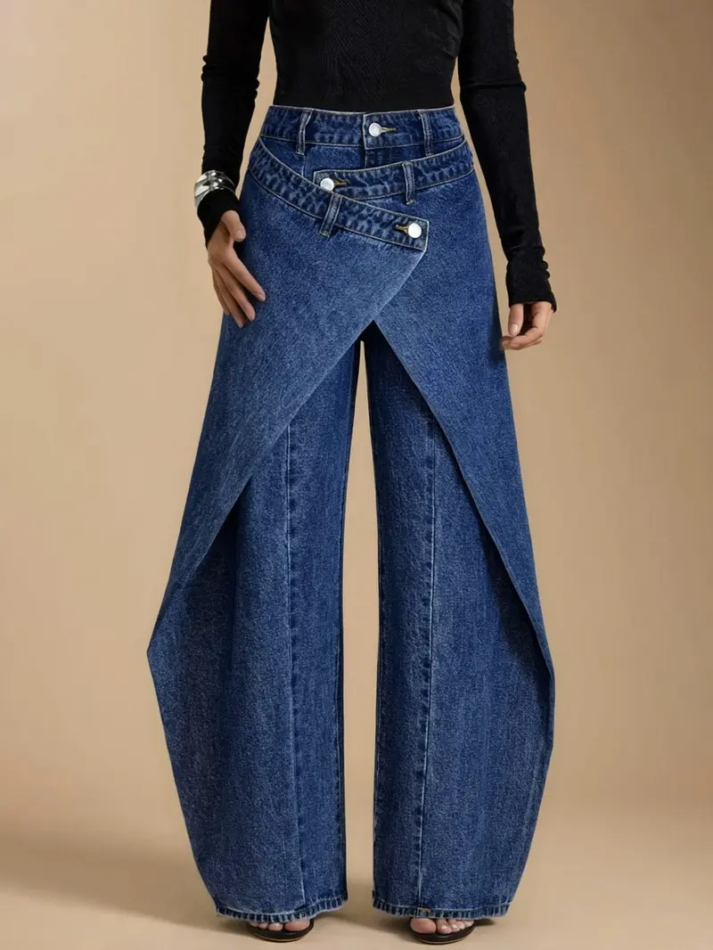 American High Street Retro Blue Women's Fashion Denim Jeans, Trendy Pleated Design, High Waist Wide Leg Pants, Loose Fit, Crossed Waistband, Versatile Style