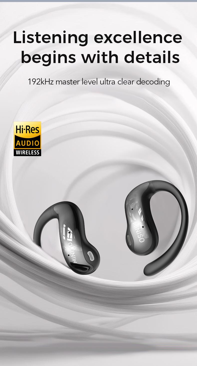 MINISO MS188 LCD Wireless Bluetooth Earphones,OWS Open Ear Headphones with Mic,Full Color Display Charging Case Headsets for music sports, Earbuds with Earhooks