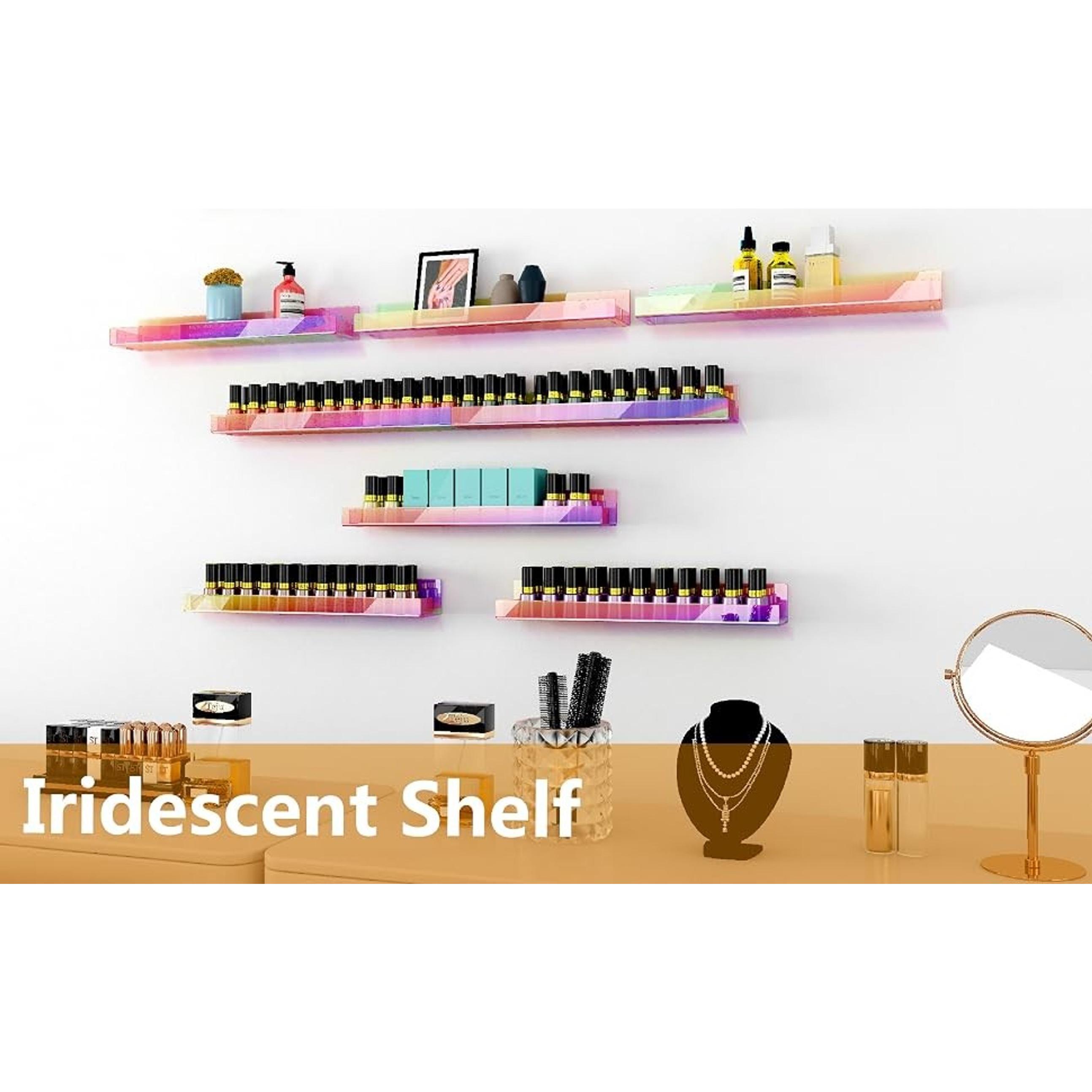 4 Pack 15 Inch Iridescent Acrylic Shelves, Clear Rainbow Floating Shelves for Wall, Modern Sunglasses Essential Oil Picture Ledge Display Toy Storage Wall Shelf