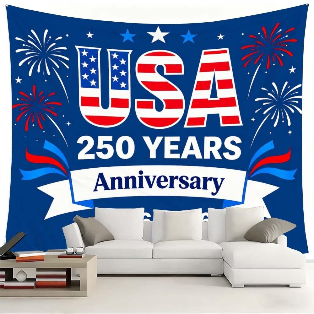 1PC USA 250 Years Anniversary Tapestry Wall Decoration Fabric for Independence Day Celebration Living Room and Bedroom Atmosphere Enhancement Fireworks Pattern for Daily Gatherings and Festive Home Decor
