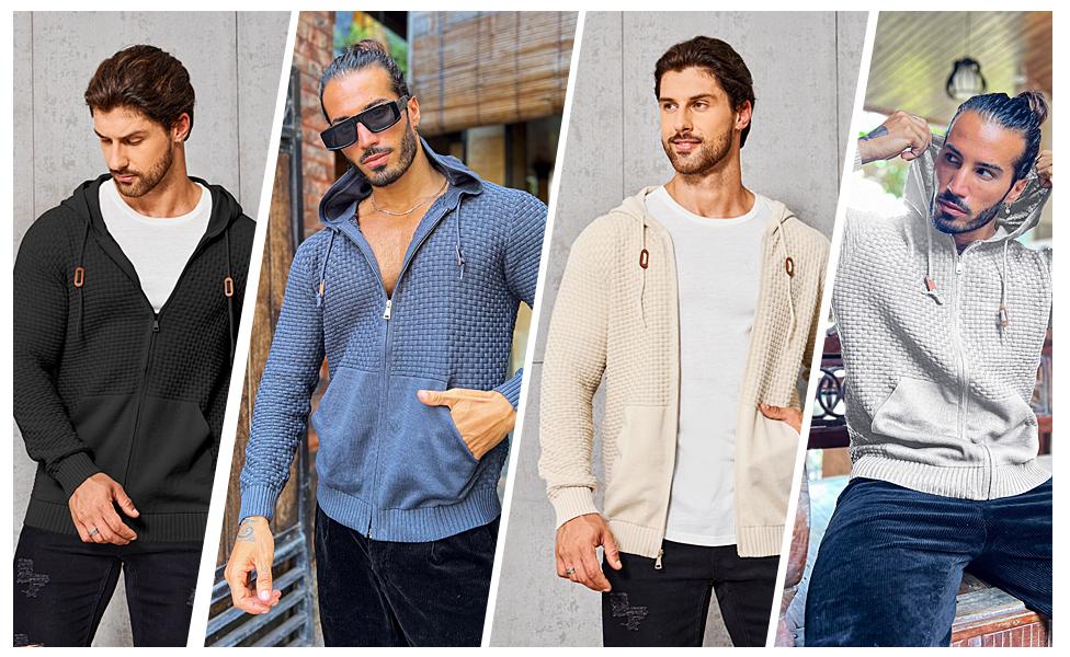 Zaitun Men's Full Zip Up Hooded Cardigan Sweater with Pockets - Soft 3D Machine Knitted Black Pullover for Casual Fall & Spring Wear