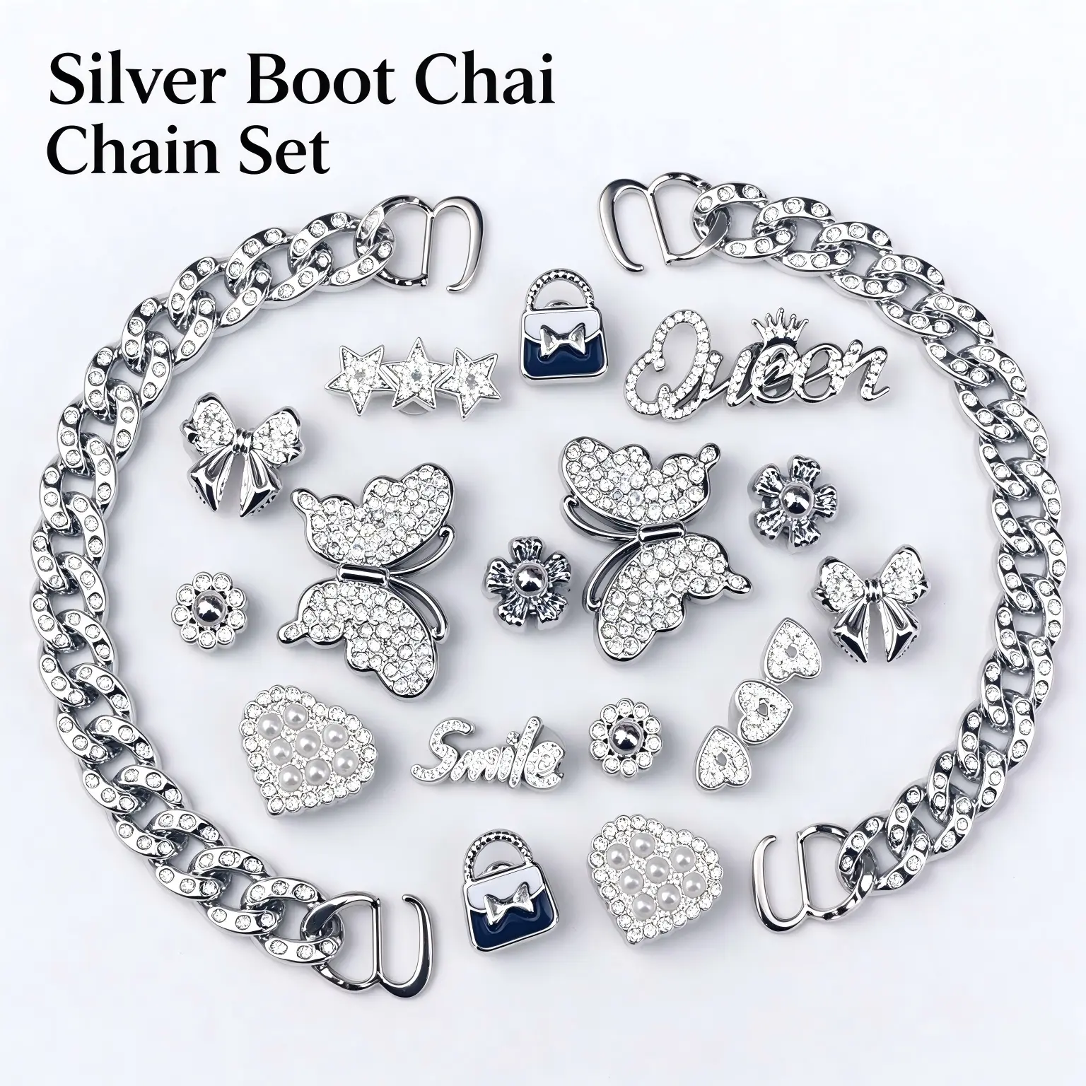 18PCS Silver Rhinestone Chain Shoe Decor Charms Set - Detachable Bling Crystal, Pearl, Butterfly, Bow, Heart, Star, Queen, Smile, Mini Bag, Flower DIY Ornaments for Clogs, Bags - Coquette Y2K Girls' Gift Accessories