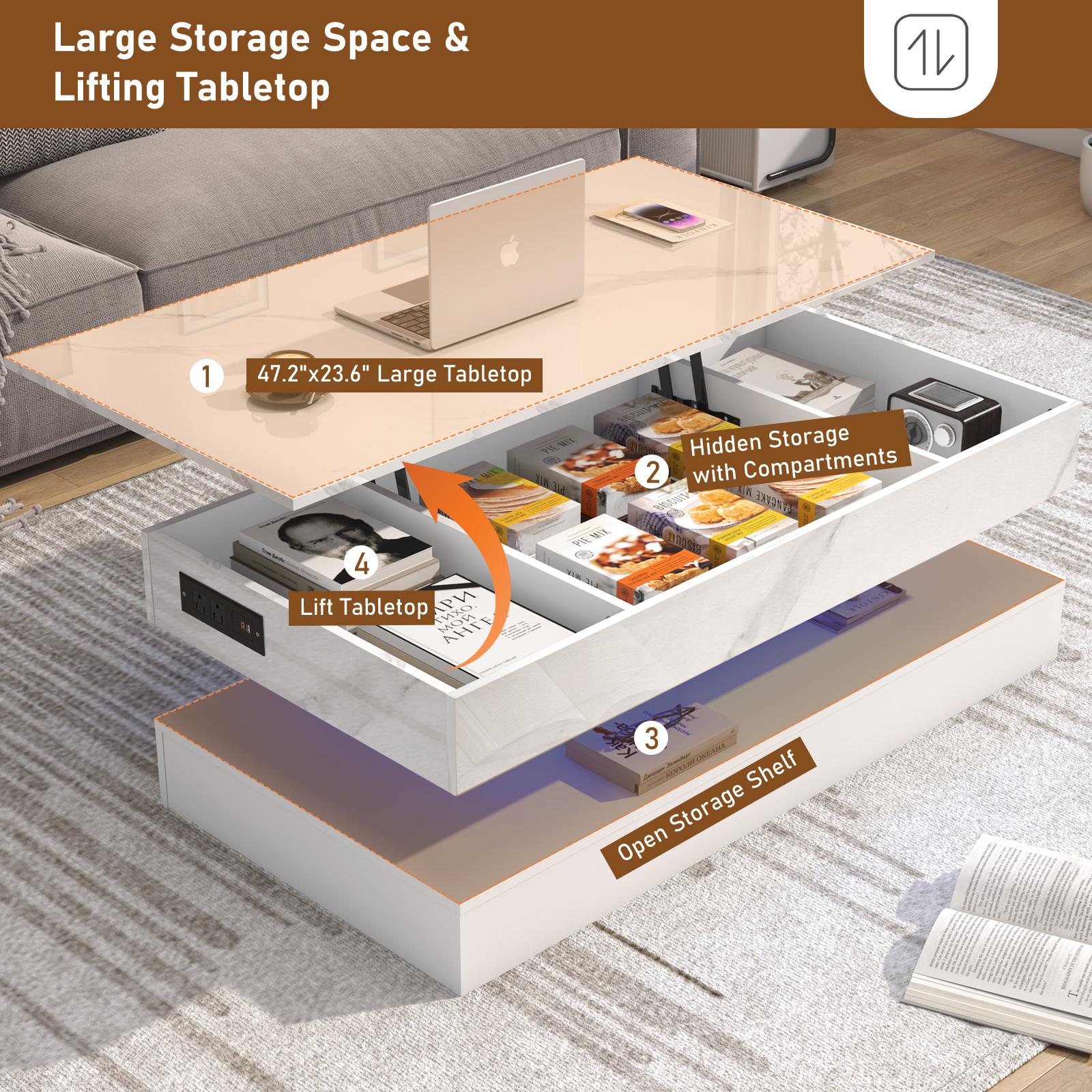 39.4"/47.2" Large Lift Top Coffee Table,Modern High Glossy LED Coffee Tables for Living Room with Storage,Black Living Room Tables for Living Room,Dining Room,Bedroom Home Office,APP LED Lights（Black/white）