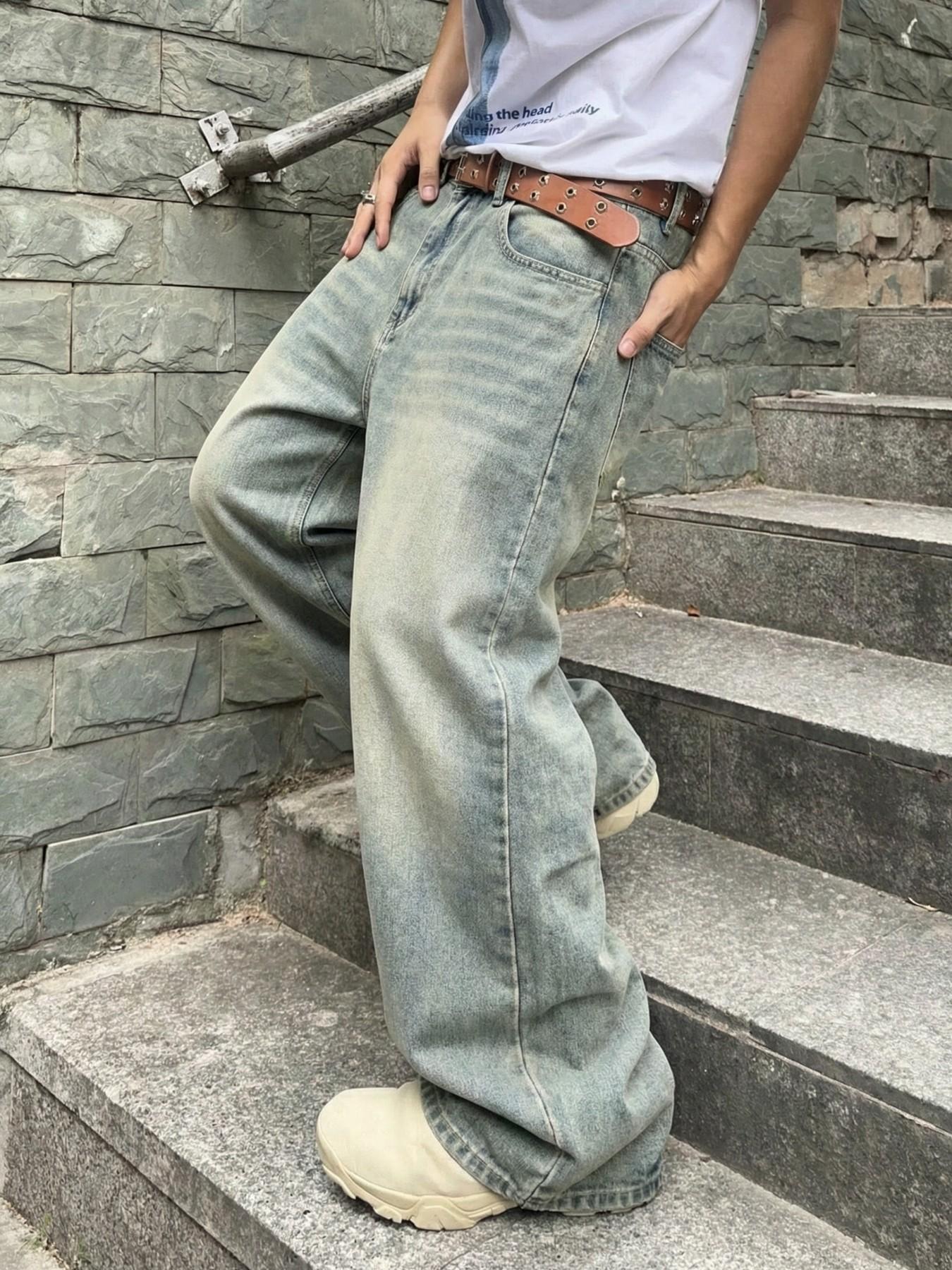 Men's Vintage Washed Loose Fit Wide Leg Jeans Pants, Menswear Long Y2K Street Style Denim Jeans, Perfect Gift for Boyfriend & Husband