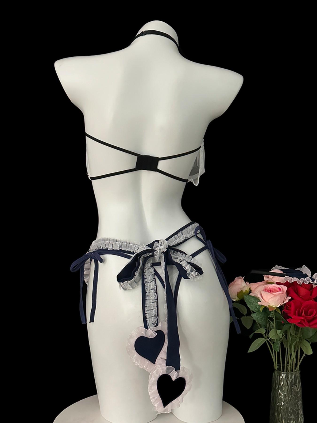 Women's Sexy Underwear Set, Bra, Panties, Apron, Hairband, Sleeve Covers, Neck Ring, Role Play Maid Costume, No Need to Remove Clothing