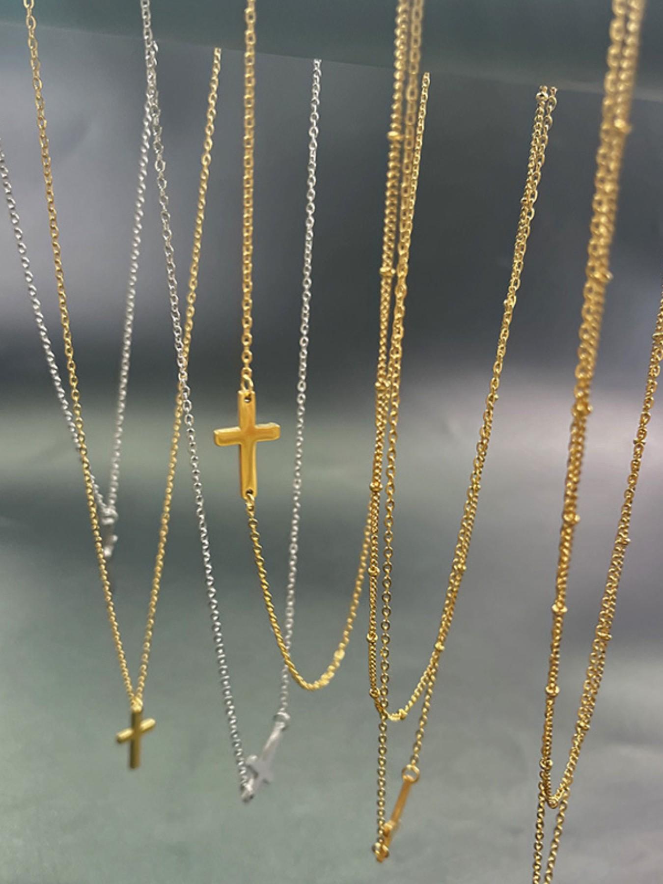 Women's Stainless Steel Cross Chain Beaded Necklace, Elegant Minimalist Design, Double Layer Crucifix Pendant Jewelry