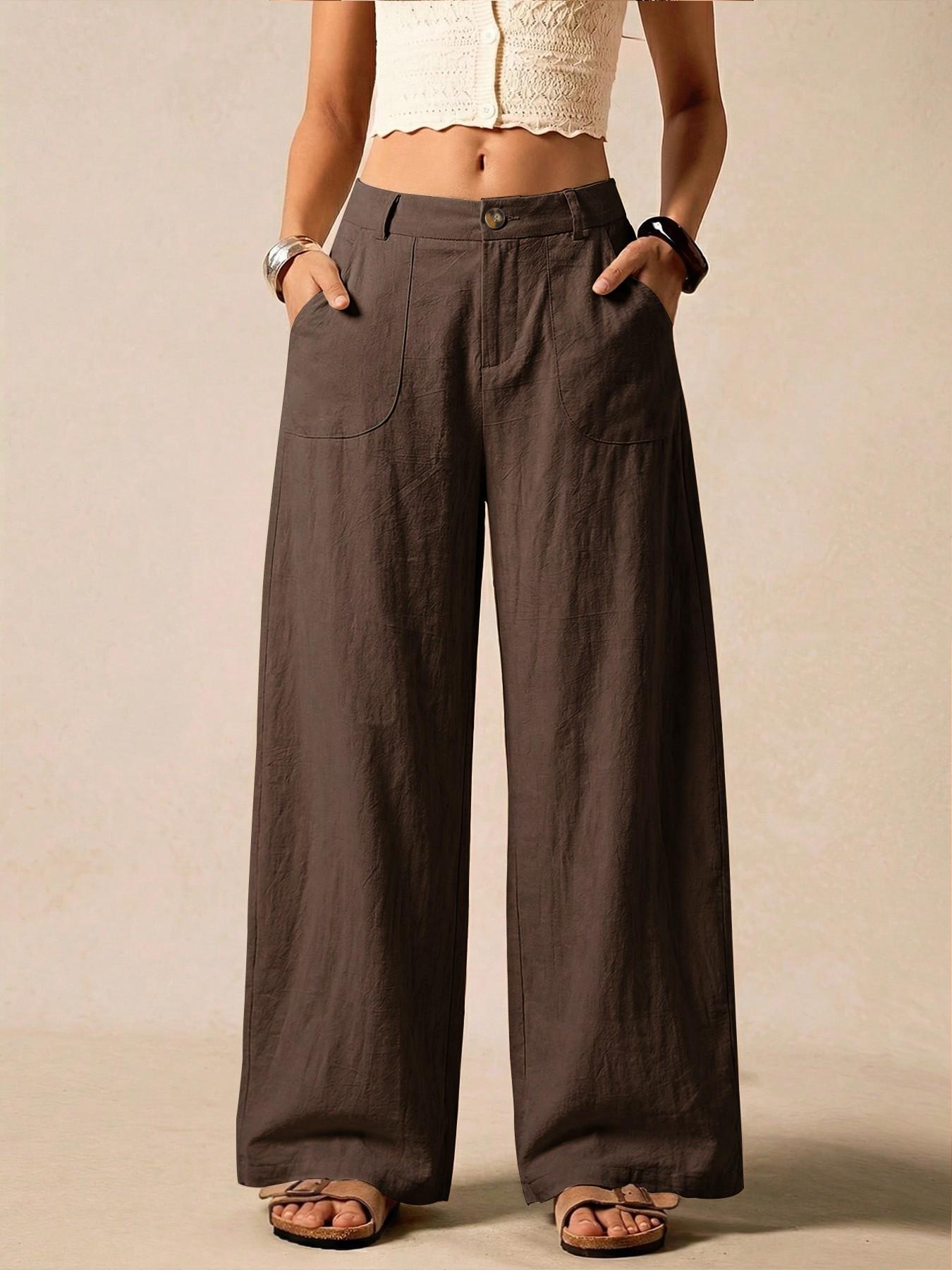 Women's Summer Linen Breathable Lightweight Palazzo Pants Flowy Wide Straight Leg Beach Trousers, Button Pocket Trousers, With Pocket Casual Solid Color Soft Elastic High Waist Travel Vacation Date Brunch Home Work Street wear Women's Summer Linen Breathable Lightweight Palazzo Pants Flowy Wide Straight Leg Beach Trousers, Button Pocket Trousers, With Pocket Casual Solid Color Soft Elastic High Waist Travel Vacation Date Brunch Home Work Street wear