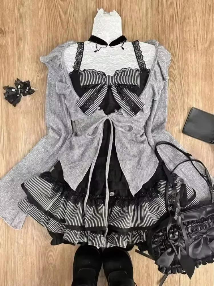 Japanese Sweet Preppy Style Skirt Set Women Kawaii Lace Patchwork Bow Tops +   Plaid Mini Skirt Elegant Outifits 2 Piece Set