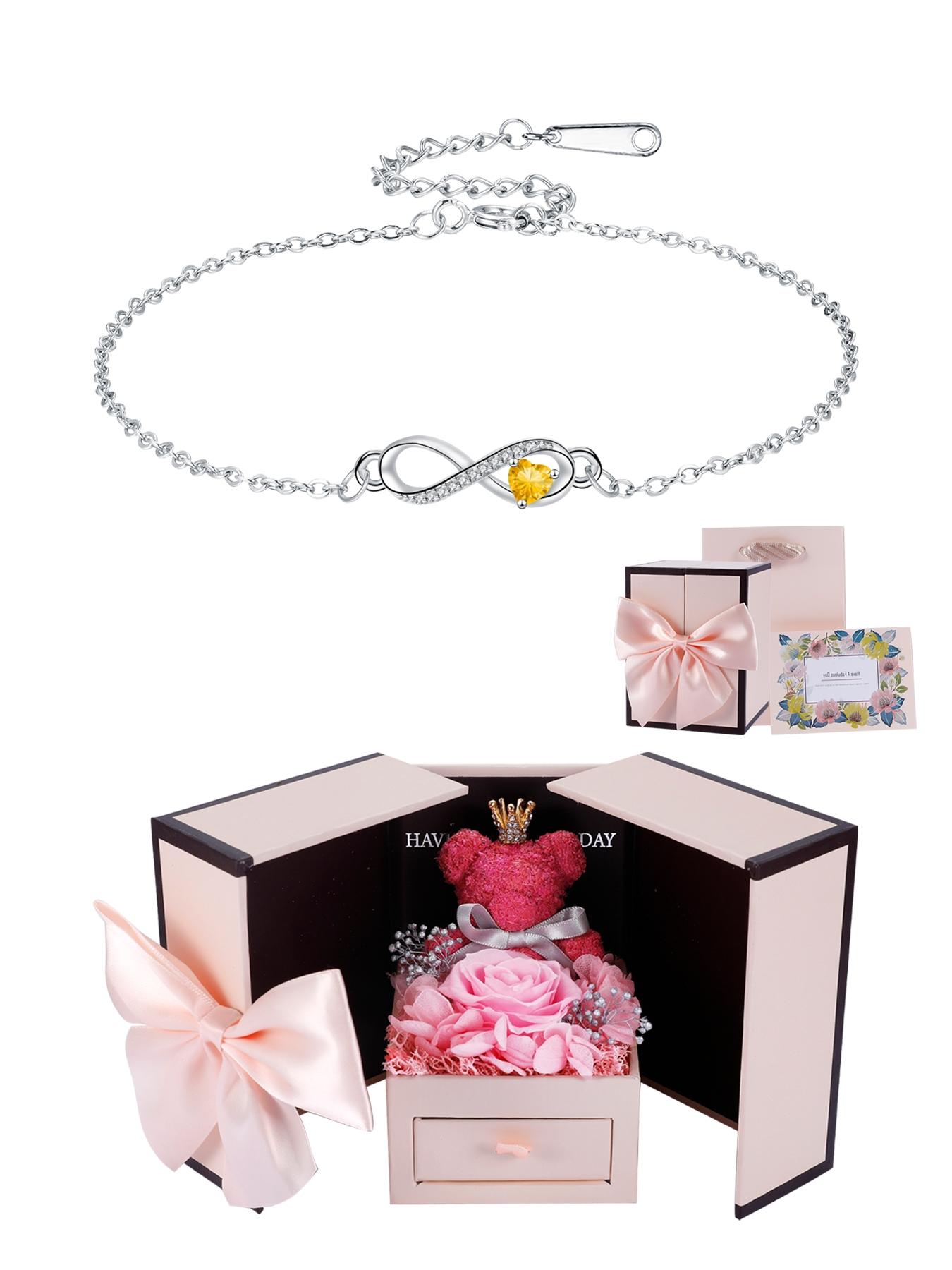 Love Heart CZ Birthstone Infinity Bracelets With Moss Bear Rose Jewelry Gift Box, Endless Love Symbol Bracelets for Women, Anniversary Birthday Christmas Jewelry Gift for Wife Mom Daughter, Heart Shaped Bracelet