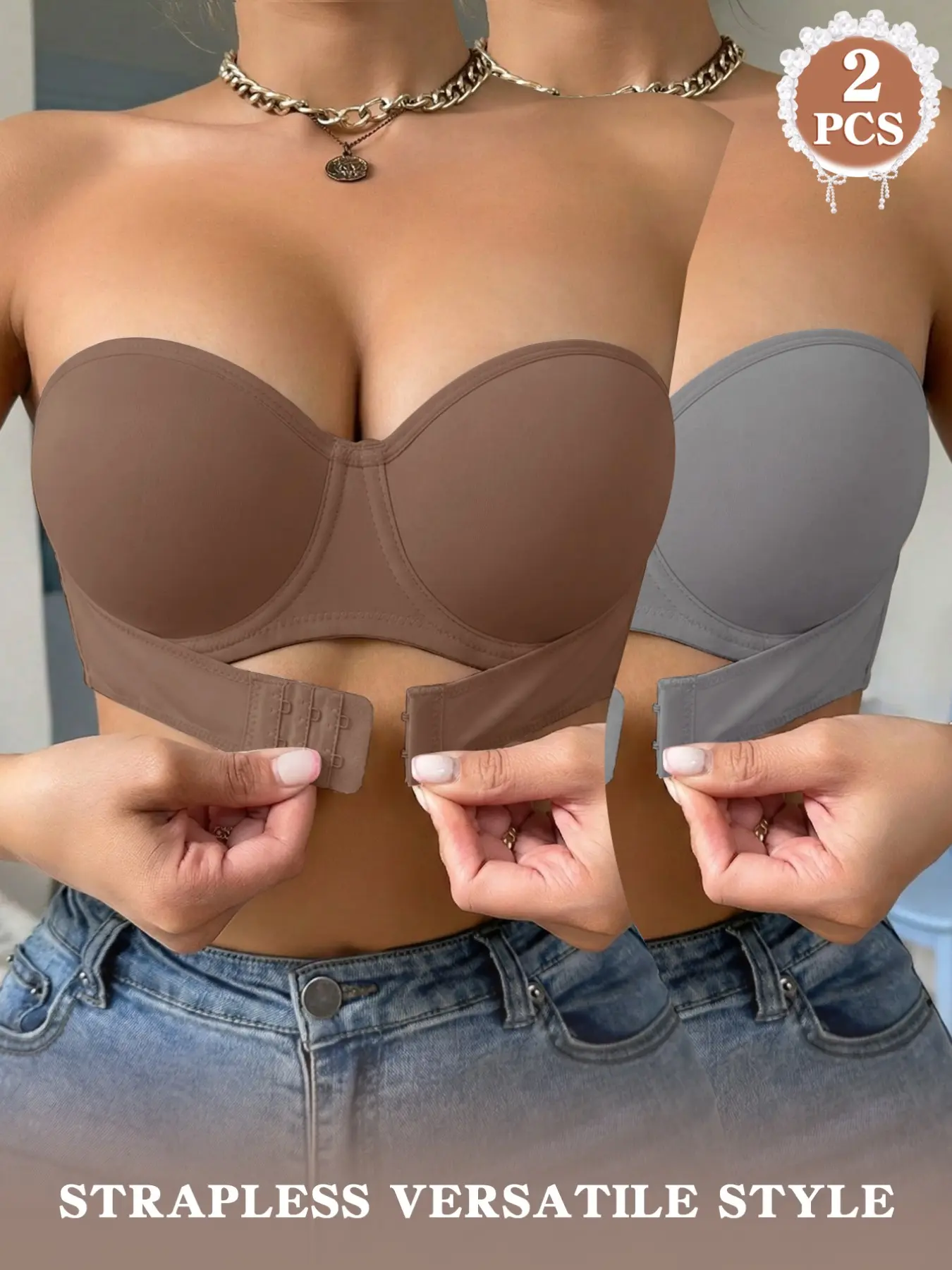2PCS Women's Smooth Underwire Strapless Bra, Front Closure with Removable Clear Straps for Two Wearing Styles, Back Fastener for Lift, Side Support and Anti-spillover, Breathable Comfortable Ladies Underwear
