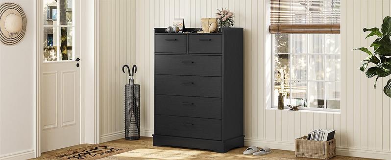 Sikaic 6 Drawers Dresser Wooden Vertical Large Capacity Storage Chest Furniture Bedroom Organization Cabinet Modern Aesthetic