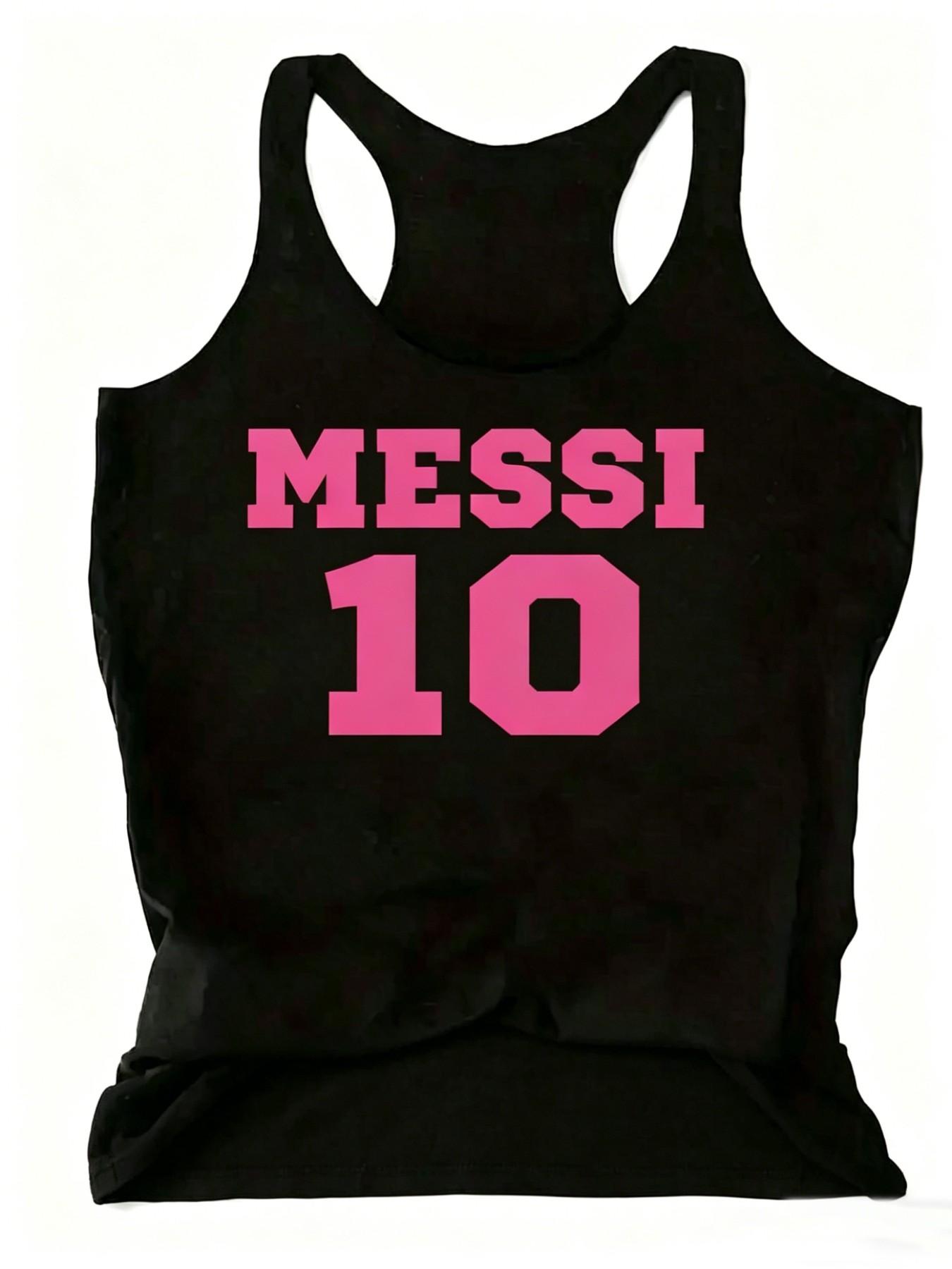 Lionel Messi 10 Graphic Tank, Football Fan Summer Racerback Top, Casual Fitted Tank Top, Letter Pattern, No Button, Non-Full Placket