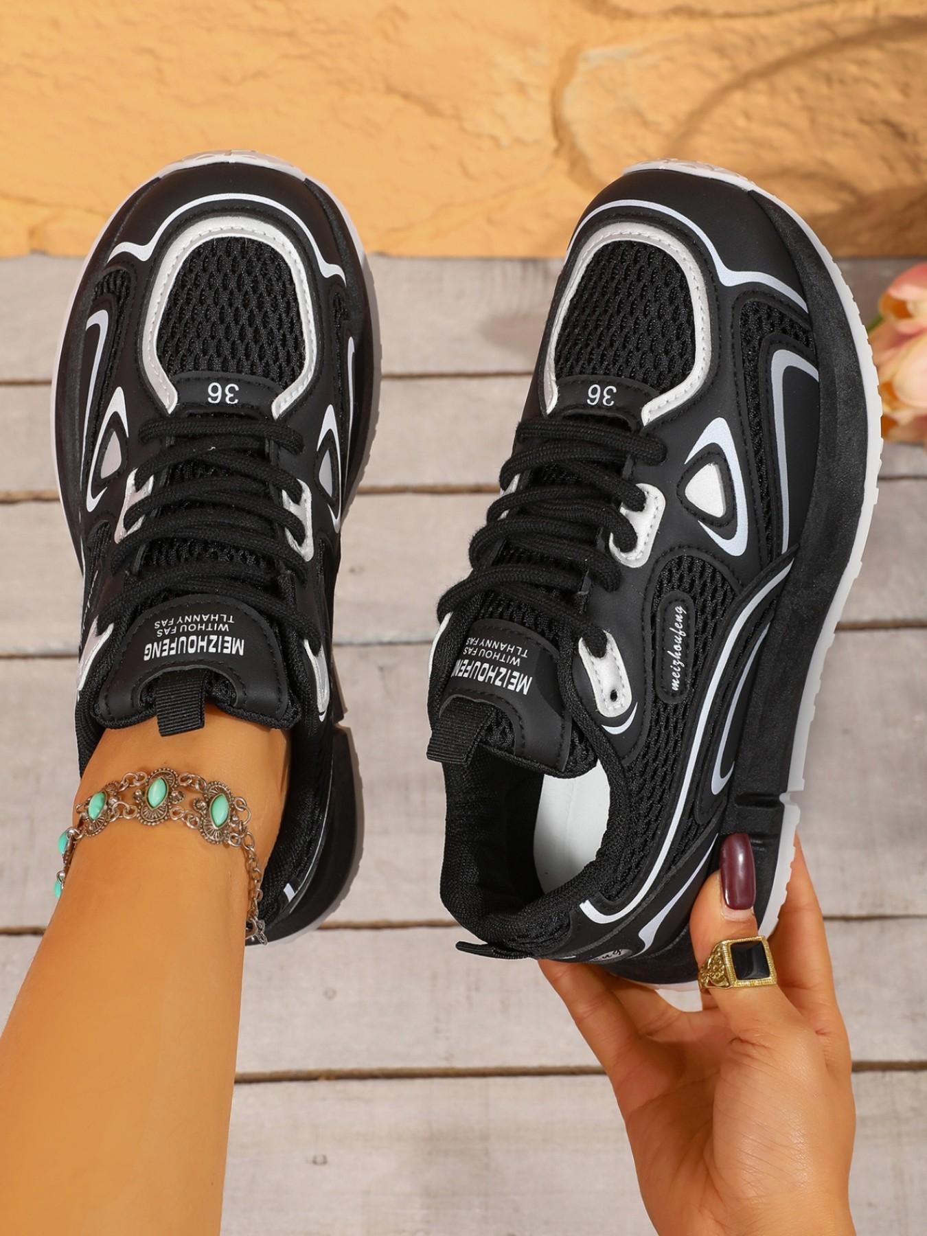 Breathable Mesh Line Spliced Chunky Dad Shoes, Lace Up Lightweight Cushion Sneakers, Techwear Daily Outdoor Women Casual Footwear
