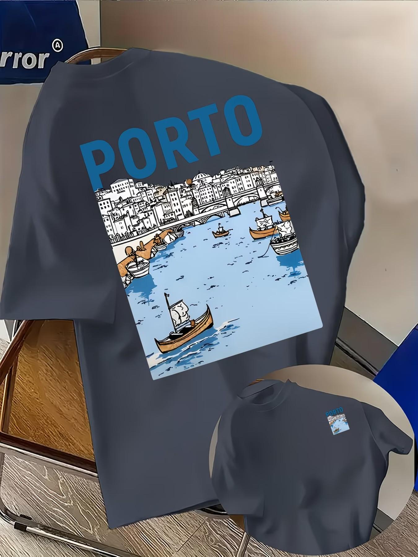 Men's Fashion T-Shirt 'porto' Letter Creative Pattern, Comfortable All Seasons, Loose Fit, Double-Sided Print