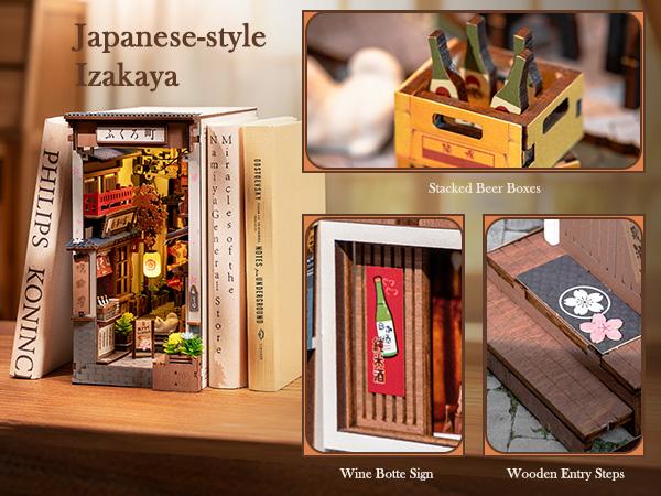 Rolife Book Nook Kit DIY Miniature House Kit for Adults 3D Wooden Puzzle Bookends Bookshelf Diorama Insert Dollhouse Creative Decorative Unique Gifts for Teens and Beginners (Sakura Wine Alley)