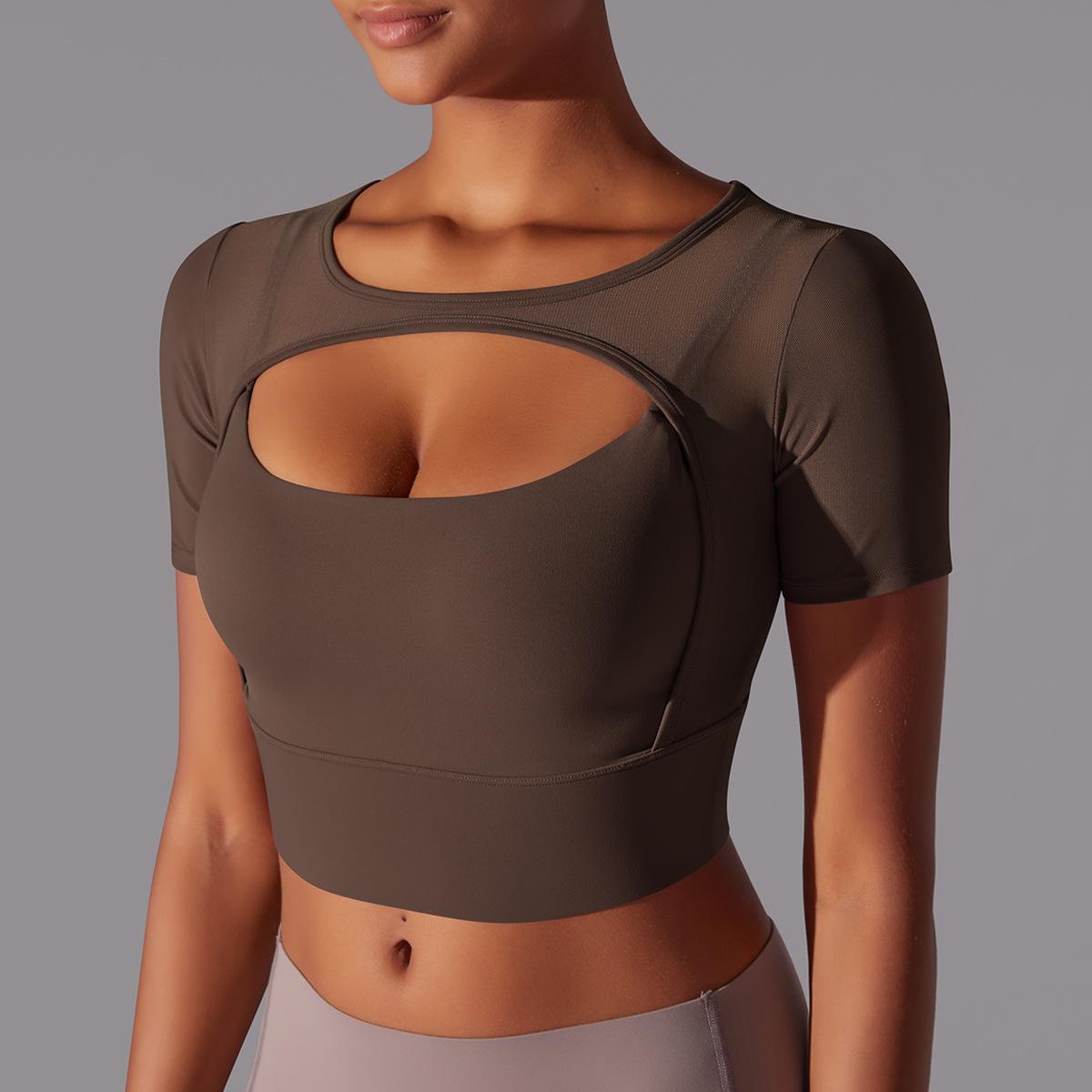 Classic Solid Color Mesh Stitching Double-Layer Short Sleeve Racerback Bra Top Women - Running, Fitness, Yoga Workout Top1123