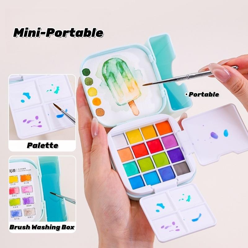 Travel Watercolor Paint Set - Artist Bundle 16 Colors with Palette,Portable Watercolor Travel Kit with Brush, Coloring Card, Brush Washing Box for Adults, Artists & Professionals