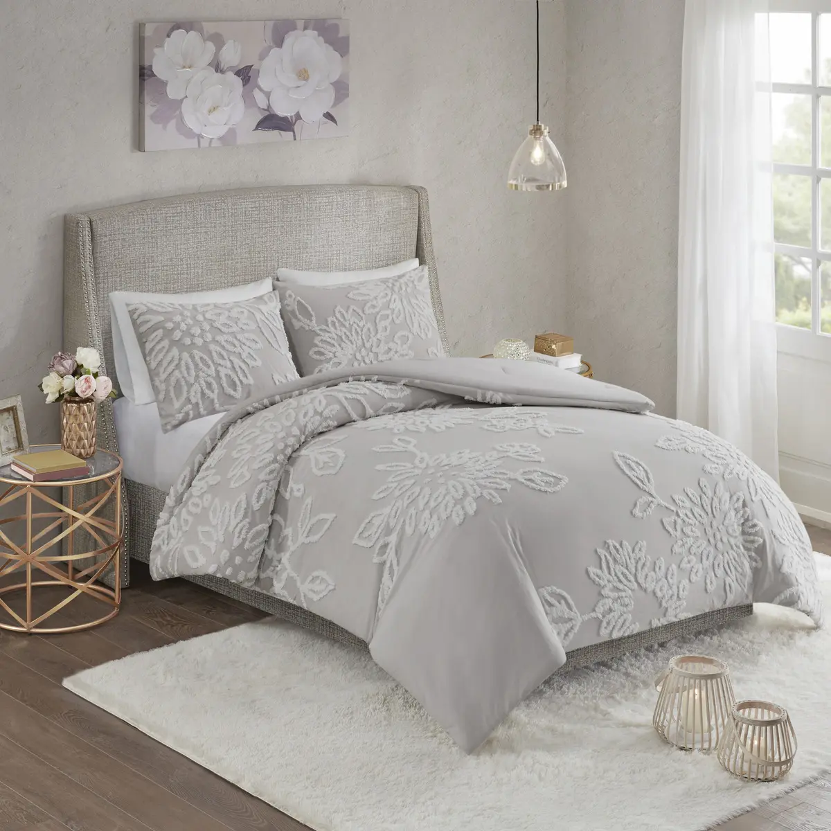 ARCH 3-Piece Floral Tufted Cotton Chenille Comforter Set - Warm Grey/White King/Cal King Size, Soft Breathable Lightweight Bedding with Decorative Pillow Shams for Master Room, Cozy Home All-Season Textile Furnishing (sohochic)