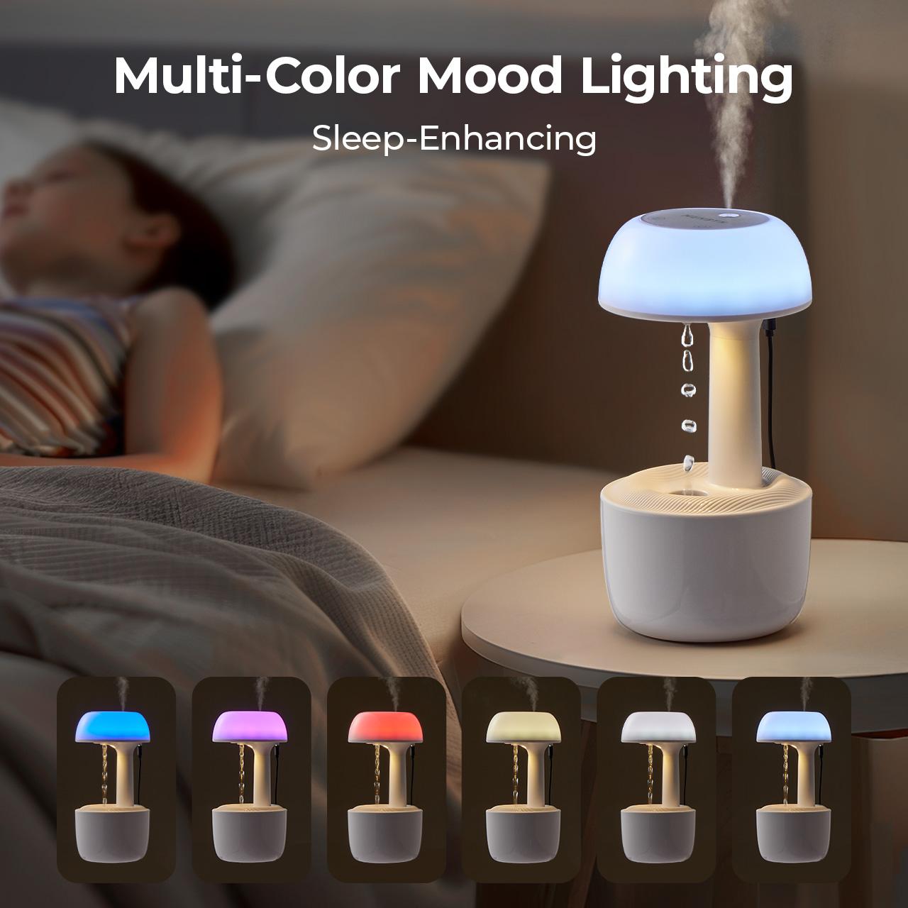 MUNBYN Anti Gravity Humidifier, Water Drop Humidifier with 7 Corlors for Bedrrom, Living Room & Office, Auto-shutdown Power-off protection with 8 Hours Battery Life, Quiet Diffuser with 38db, White, Gift