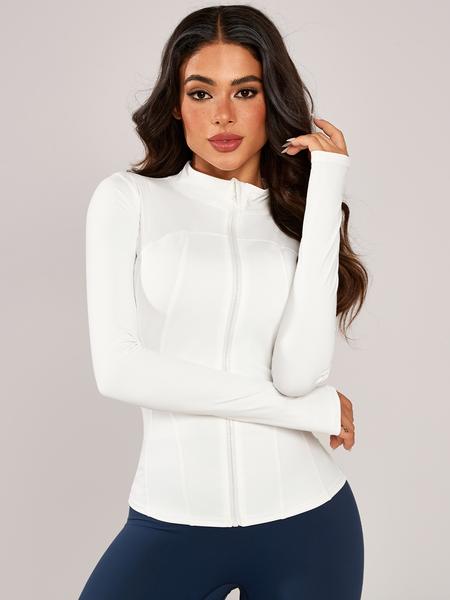 Women's Stand Collar Sport Jacket, Thumb Hole Design, Comfortable Breathable Training Long Sleeve Coat, Gym & Outdoor Cycling Fashion, High Elasticity Jacket