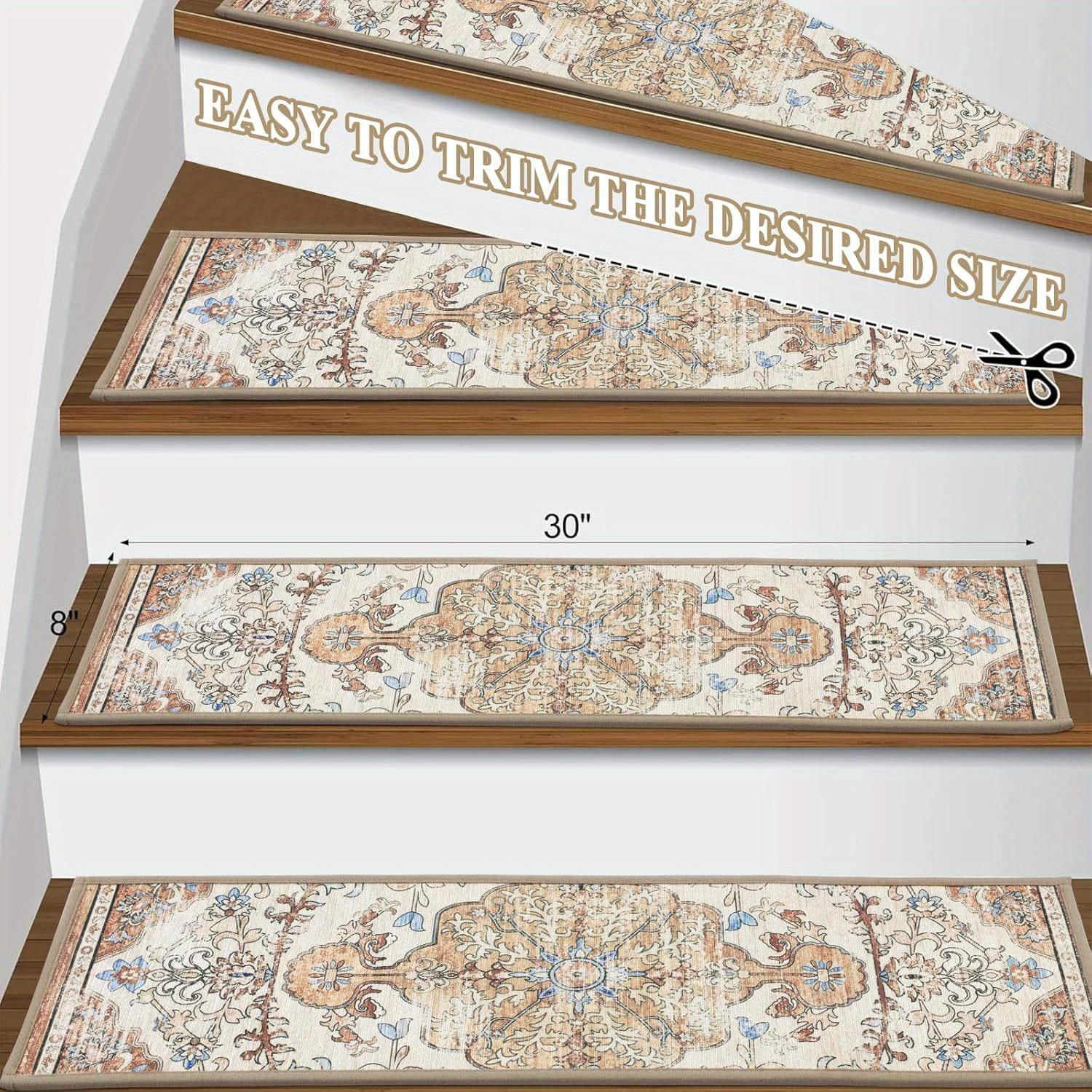 Non-Slip Stair Treads for Wooden Steps, 15pcs Vintage Boho Stair Runners for Indoor Stairs, Washable Non-Skid Carpet Stair Mats for Kids Elders Pets, Beige Bohemian Floral Stair Rugs