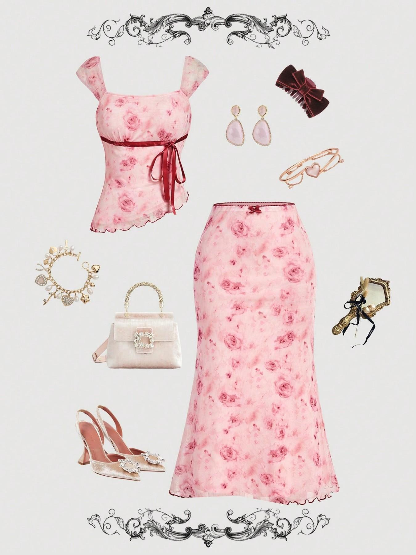 Women's Two-Piece Set Outfit, Asymmetrical Hem Floral Camisole Top, Low Waist Fish Tail Skirt with Bow Decoration, Vintage Style, Summer, Wedding Guest, Vacation, Birthday, Skirt Sets, Summer Matching Set