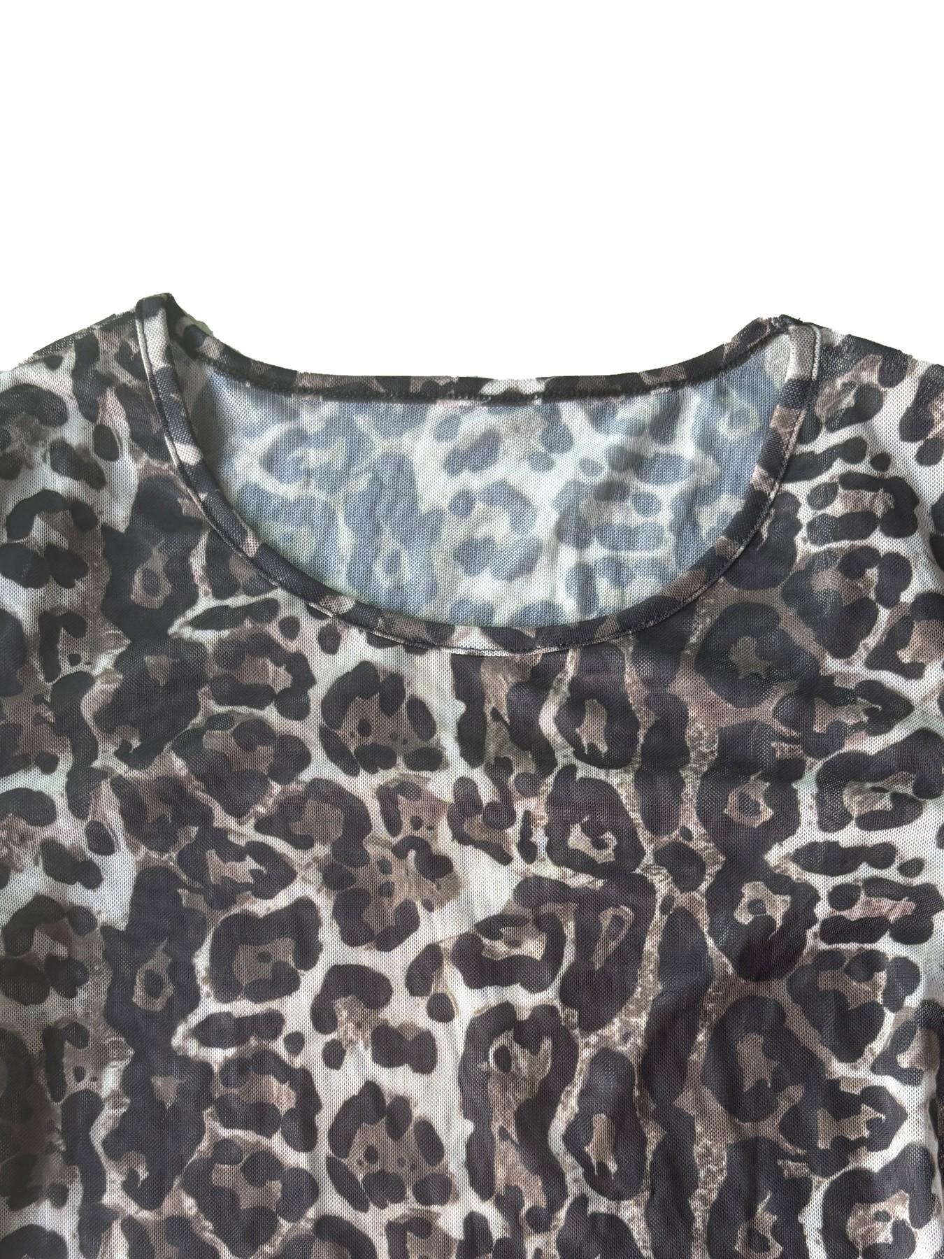 Women's Leopard Print Mesh Round Neck Long Sleeve Top, High Elasticity Fitted Shirt, Casual All-Season Wear, Multi-Purpose Base Layer