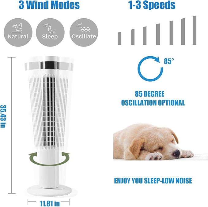 【NOT AC】Antarctic Star Tower Fan Portable Electric 85° Oscillating Fan with Remote Control, Quiet Operation, 3 Speed Settings & 12H Timer, Bladeless Standing Floor Fan for Bedroom & Office[No Cooling] [No Temperature Adjustment]