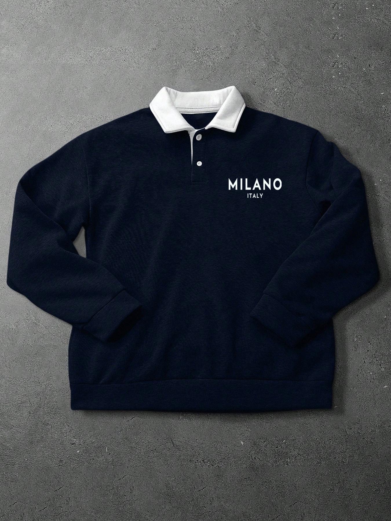 Men's Loose Fit Colorblock Collar Long Sleeve Graphic Polo Shirt, Casual Street Style, Fashionable Outdoor Sports Wear, All Seasons