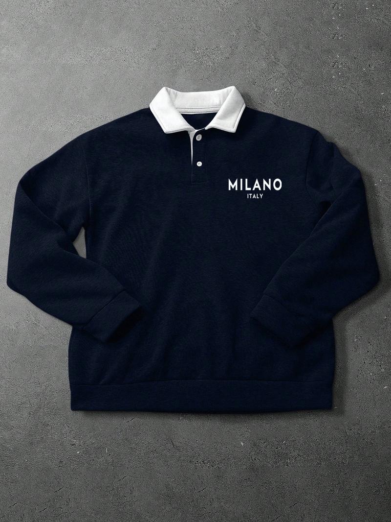 Men's Loose Fit Colorblock Collar Long Sleeve Polo Shirt, Casual Street Style, Fashionable Outdoor Sports Wear, All Seasons