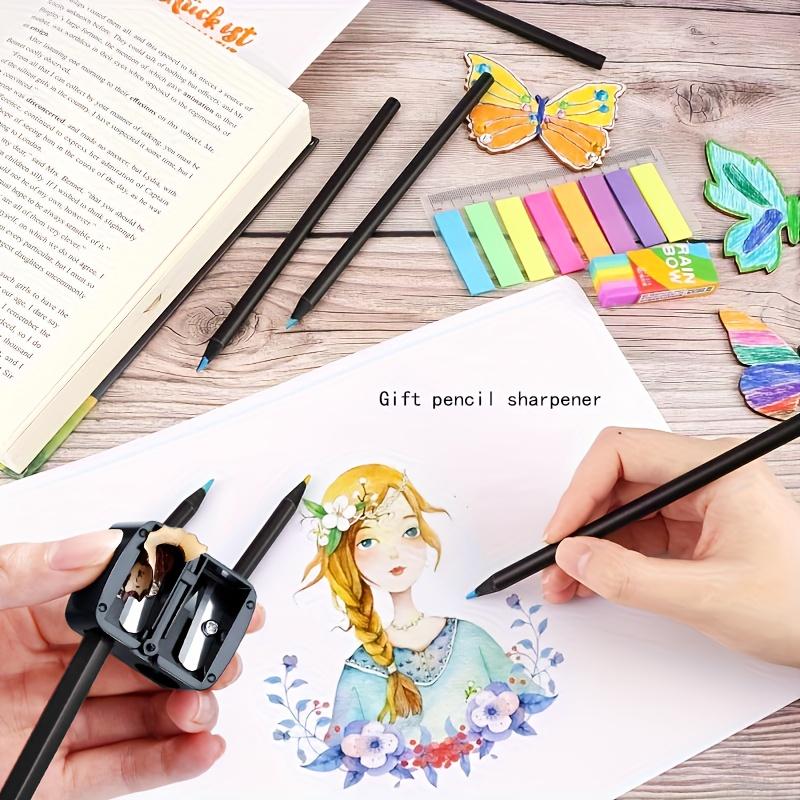 6/12 Rainbow Gradient Magic Pens with 1 Pencil Sharpener - Vibrant Doodling and Drawing Markers, Kawaii Writing and Art Supplies, with Pencil Sharpener, Wooden Material, Perfect for Artists and DIY Lovers, Flat-Head Pencils
