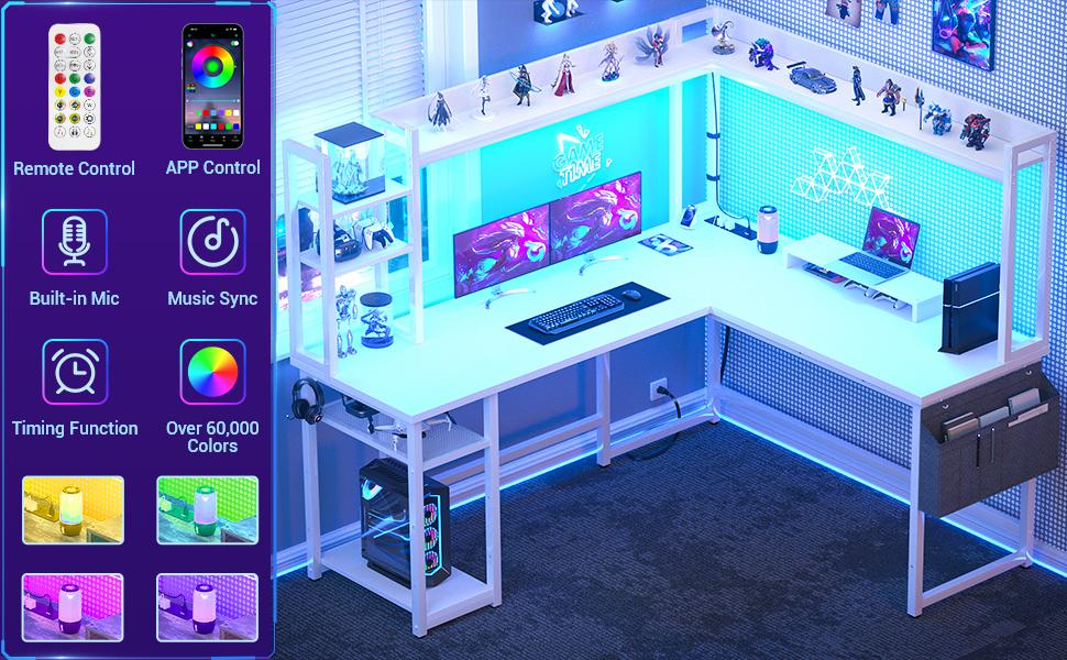 L Shaped Gaming Desk, Reversible Computer Desk with Power Outlet & LED Light