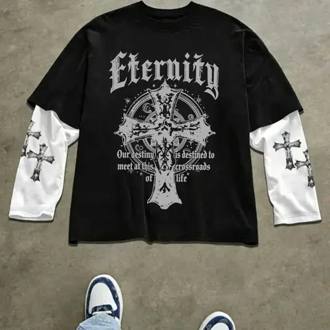 Street style long-sleeved T-shirt with a timeless cross Graphic print, fashionable dark style casual wear, Streetwear, unisex, Y2K gothic style spring and autumn top, Aesthetics, Casual Graphic Tee