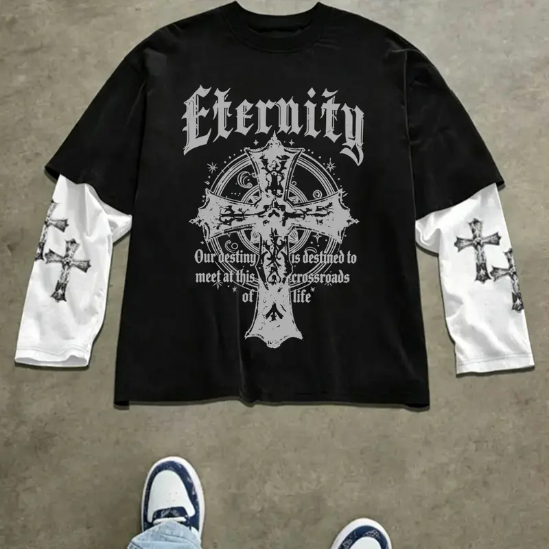 Street style long-sleeved T-shirt with a timeless cross Graphic print, fashionable dark style casual wear, Streetwear, unisex, Y2K gothic style spring and autumn top, Aesthetics, Casual Graphic Tee
