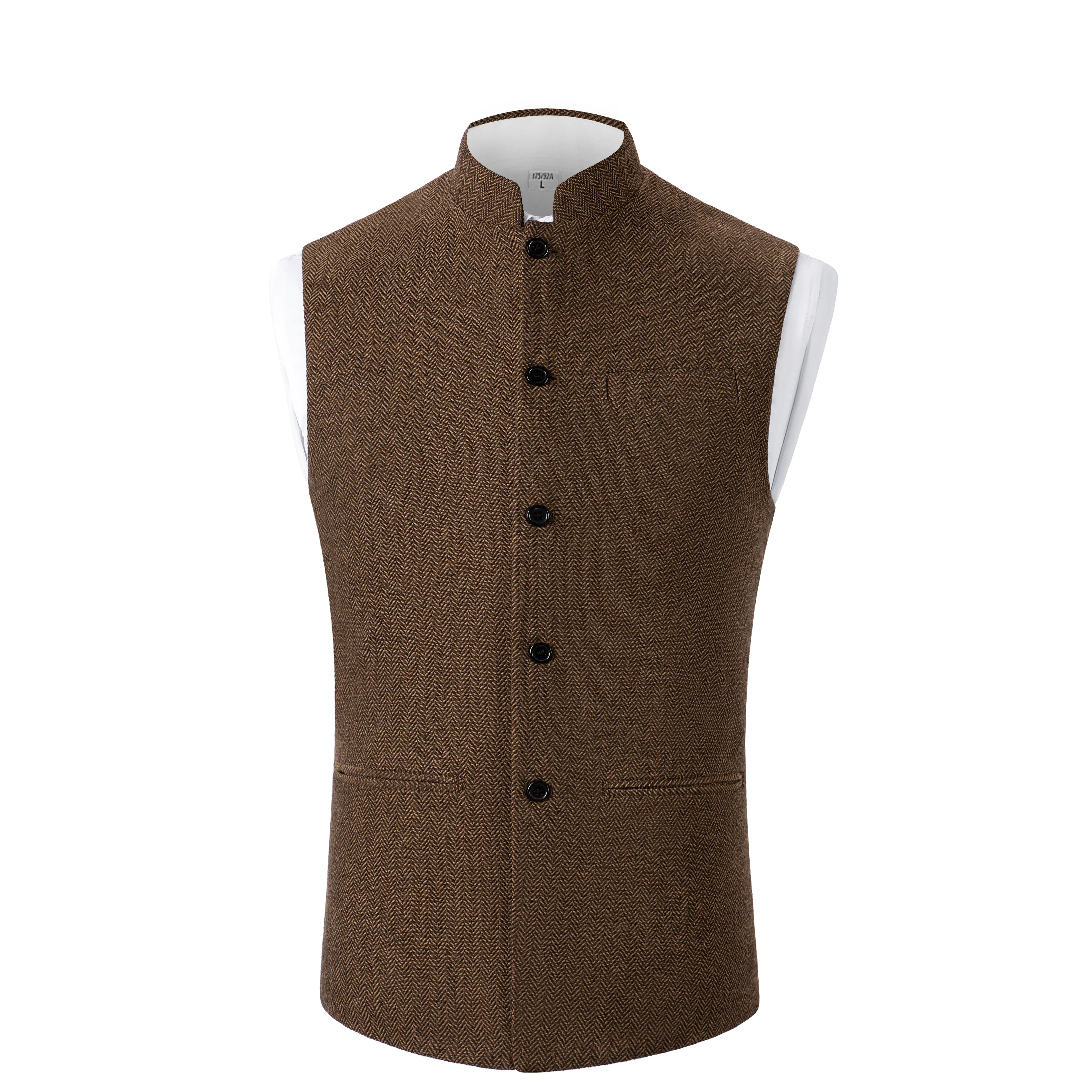 Men's Retro Mandarin Collar Polyester Blend Tweed Vest - Herringbone Pattern, High Collar, Front Button,Spring/Autumn Business Casual Style, Versatile Men's Wear | Button Front Vest Formal Attire Indian Clothing