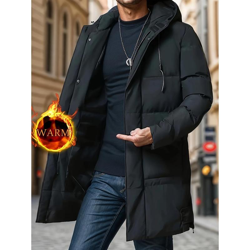 Men's Casual Plain Mid-Length Hooded Lightweight Winter Outerwear - Loose-Fit Solid Polyester Zip-Up Jacket With Functional Pockets