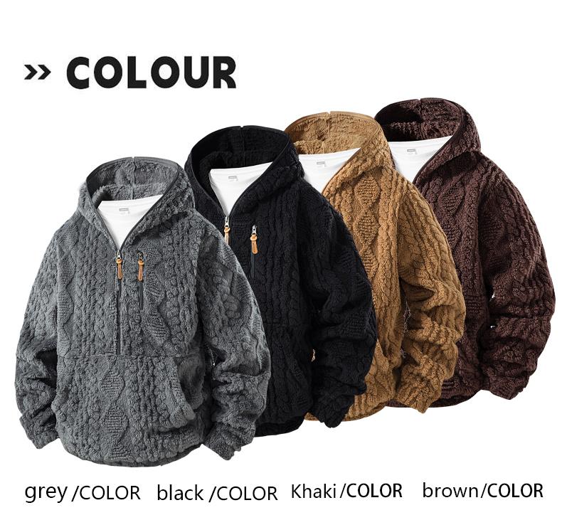 Men's Warm  relaxed fit outer Jacquard Fabric Loose-Fit Full-Zip Hoodie Jacket - Plush Texture Plain Hooded Outer Coat with Decorative Zipper Pull, Kangaroo Pockets, for Outdoor Indoor, Urban Commute, Menswear Tops
