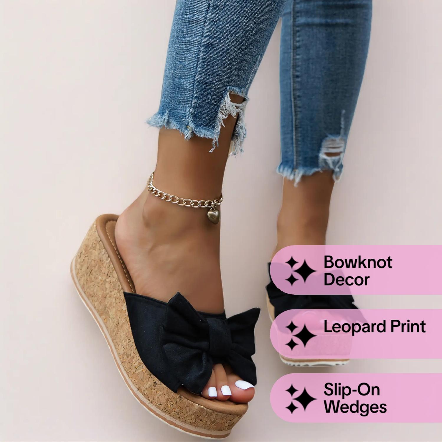 Women's Cute Bowknot Leopard Print Wedge Sandals, Casual Fashion Slip-On Wedges, Summer Trendy Shoes, Beach Daily Wear